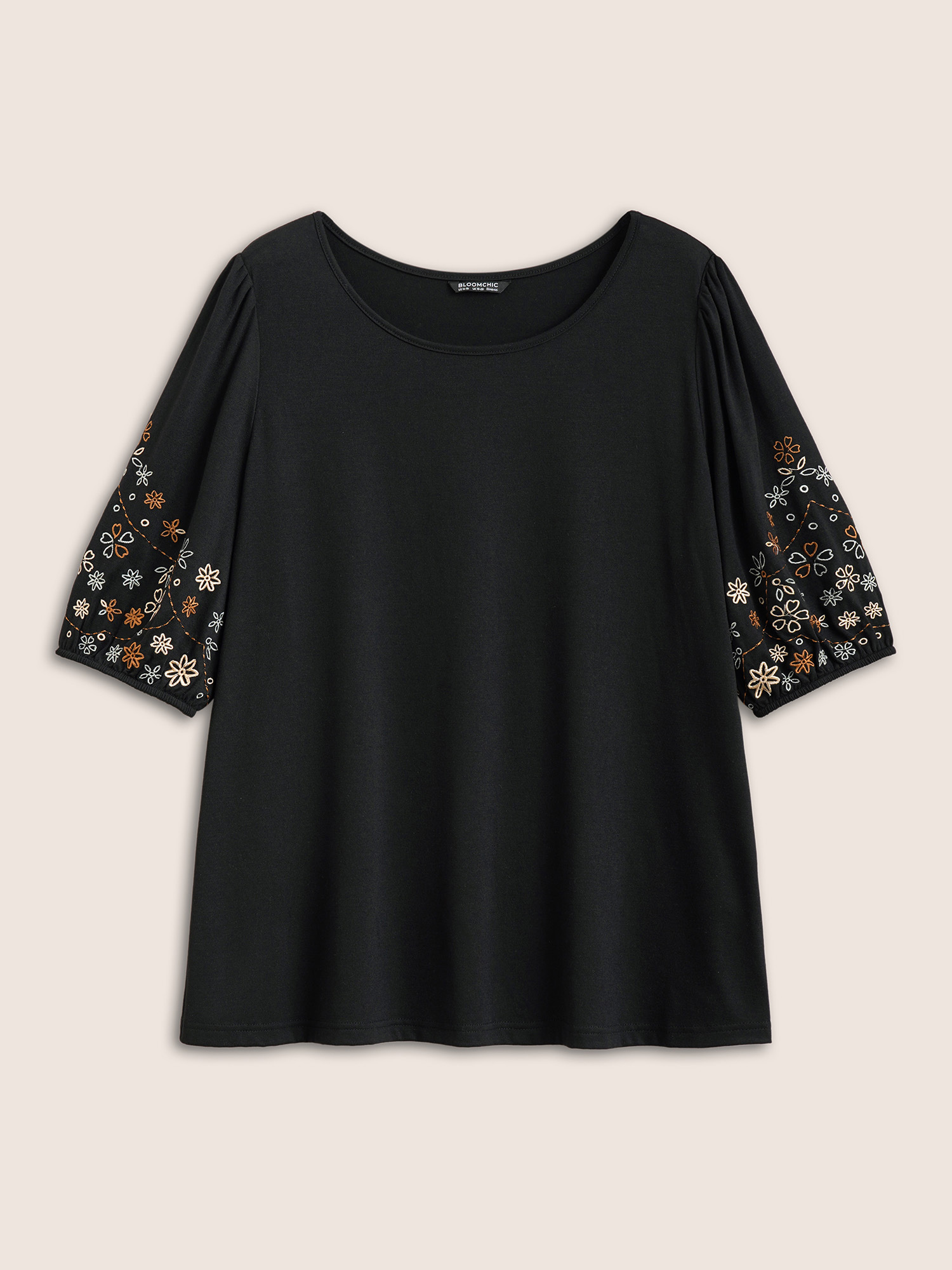 Plus Size Floral Embroidered Crew Neck Puff Sleeve T-shirt Black Women Elegant Embroidered Round Neck Everyday T-shirts BloomChic 28/5X 