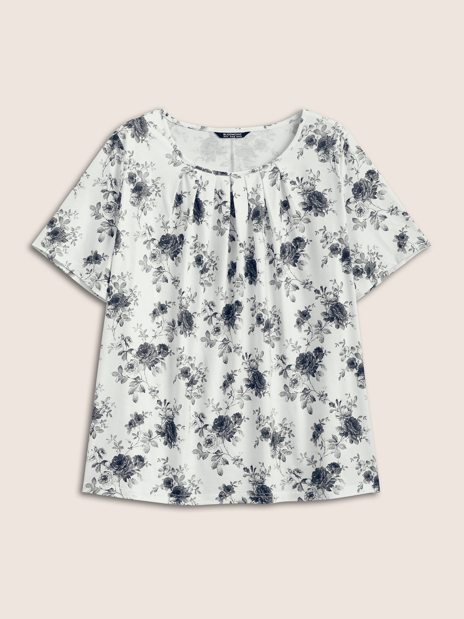 Plus Size Floral Print Round Neck Pleated T-shirt White Women Casual Pleated Round Neck Everyday T-shirts BloomChic 26/4X 