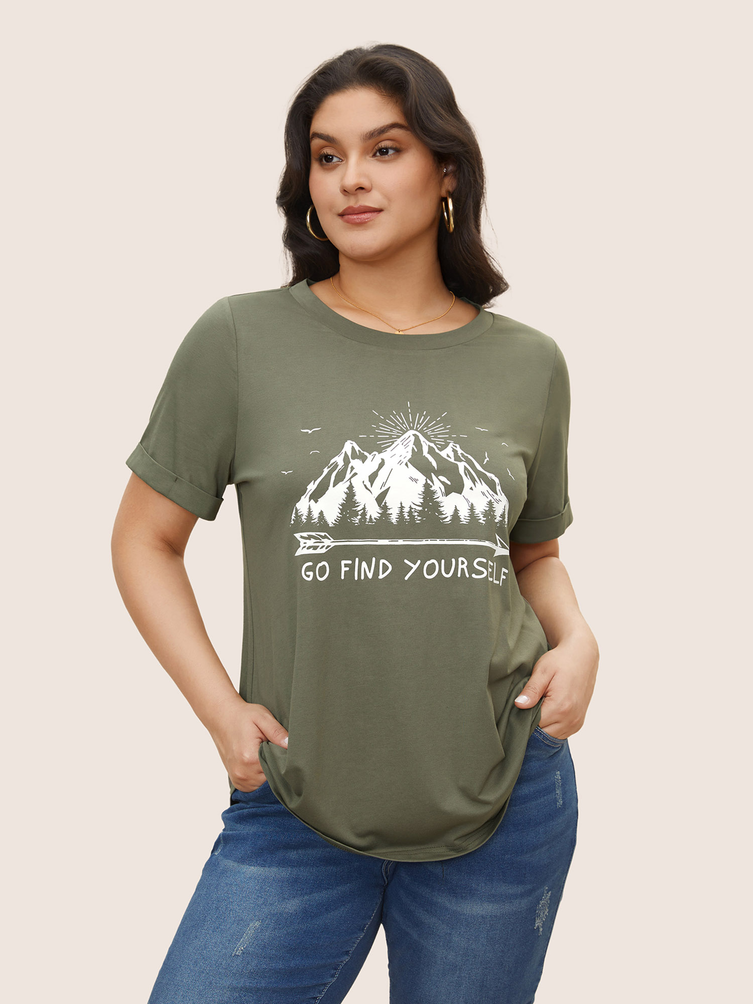 

Plus Size Landscape Pattern Print Round Neck T-shirt ArmyGreen Women Casual Positive slogan Everyday T-shirts BloomChic