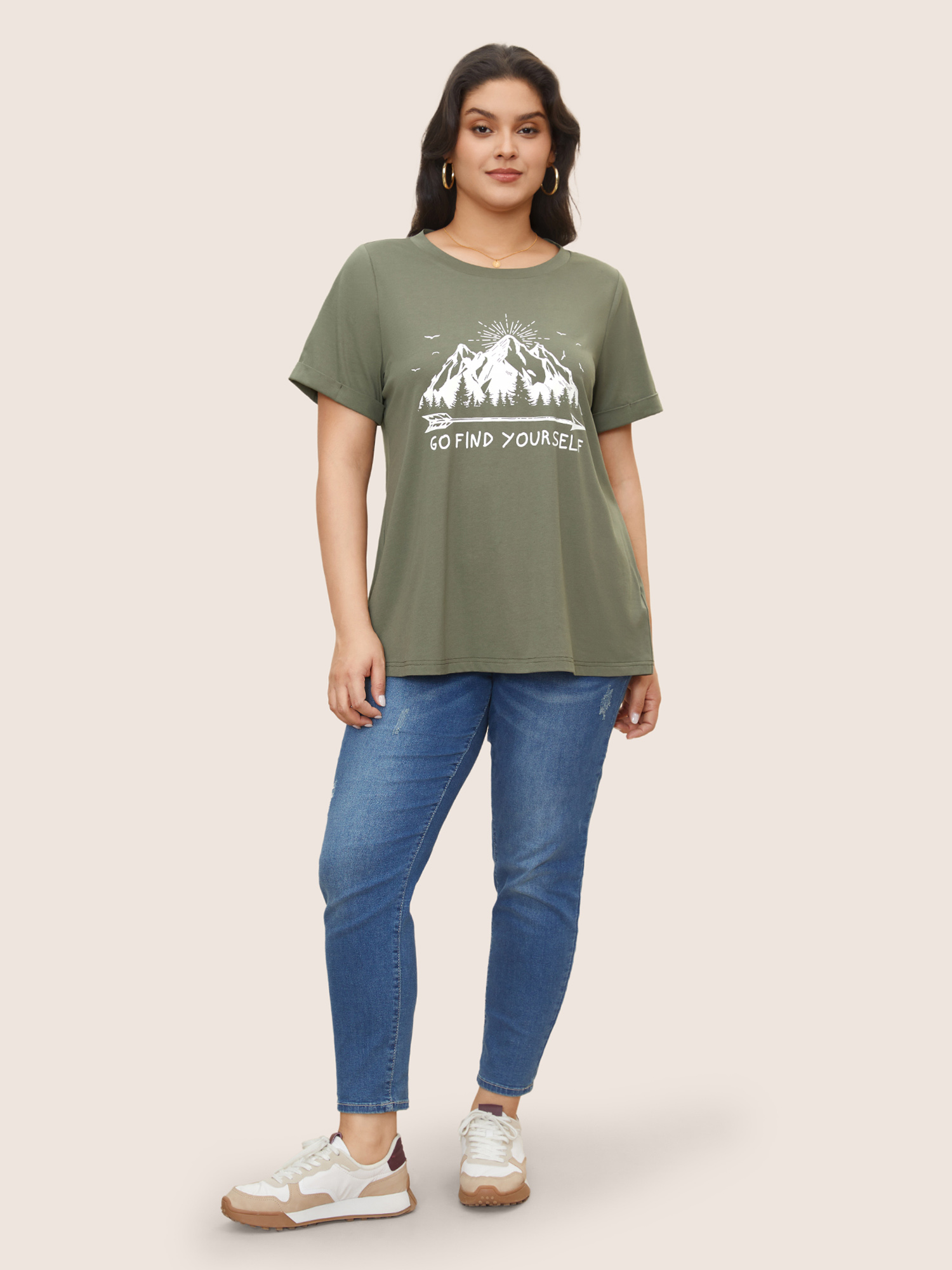 

Plus Size Landscape Pattern Print Round Neck T-shirt ArmyGreen Women Casual Positive slogan Round Neck Everyday T-shirts BloomChic