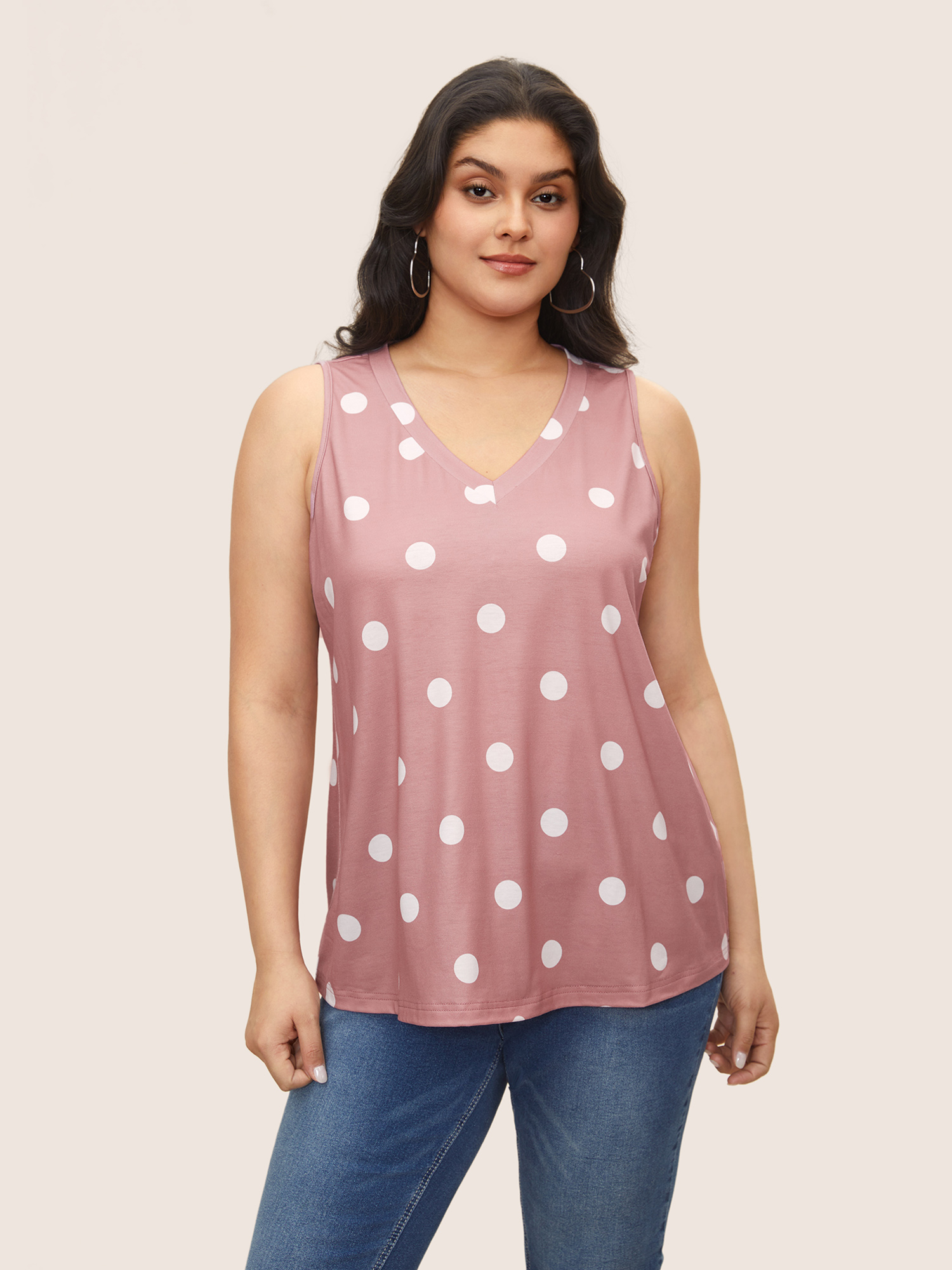 

Plus Size Polka Dot V Neck Tank Top Women Pink Casual V-neck Everyday Tank Tops Camis BloomChic