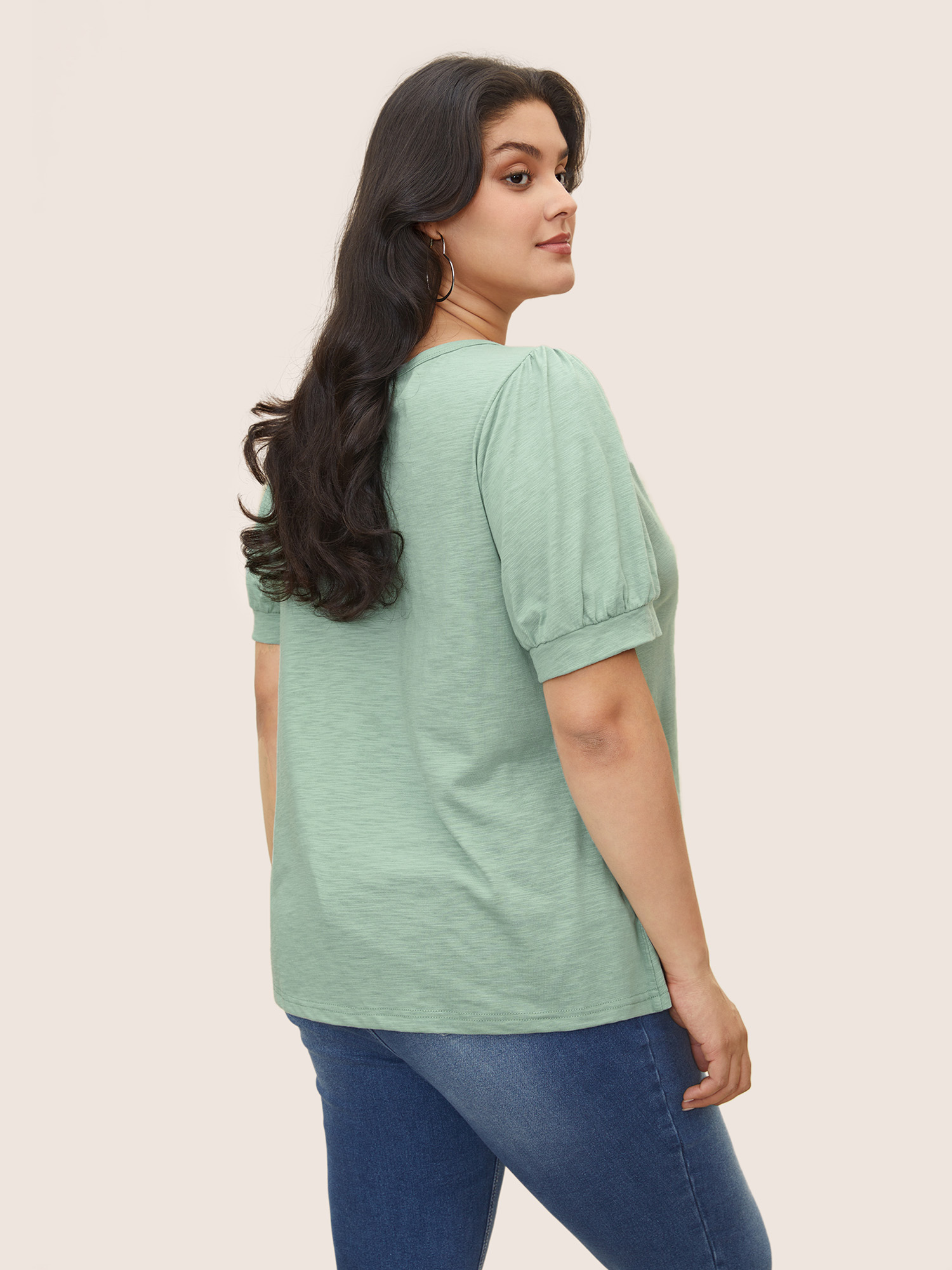 

Plus Size Solid Puff Sleeve Button Up Gathered T-shirt Mint Women Casual Gathered V-neck Everyday T-shirts BloomChic