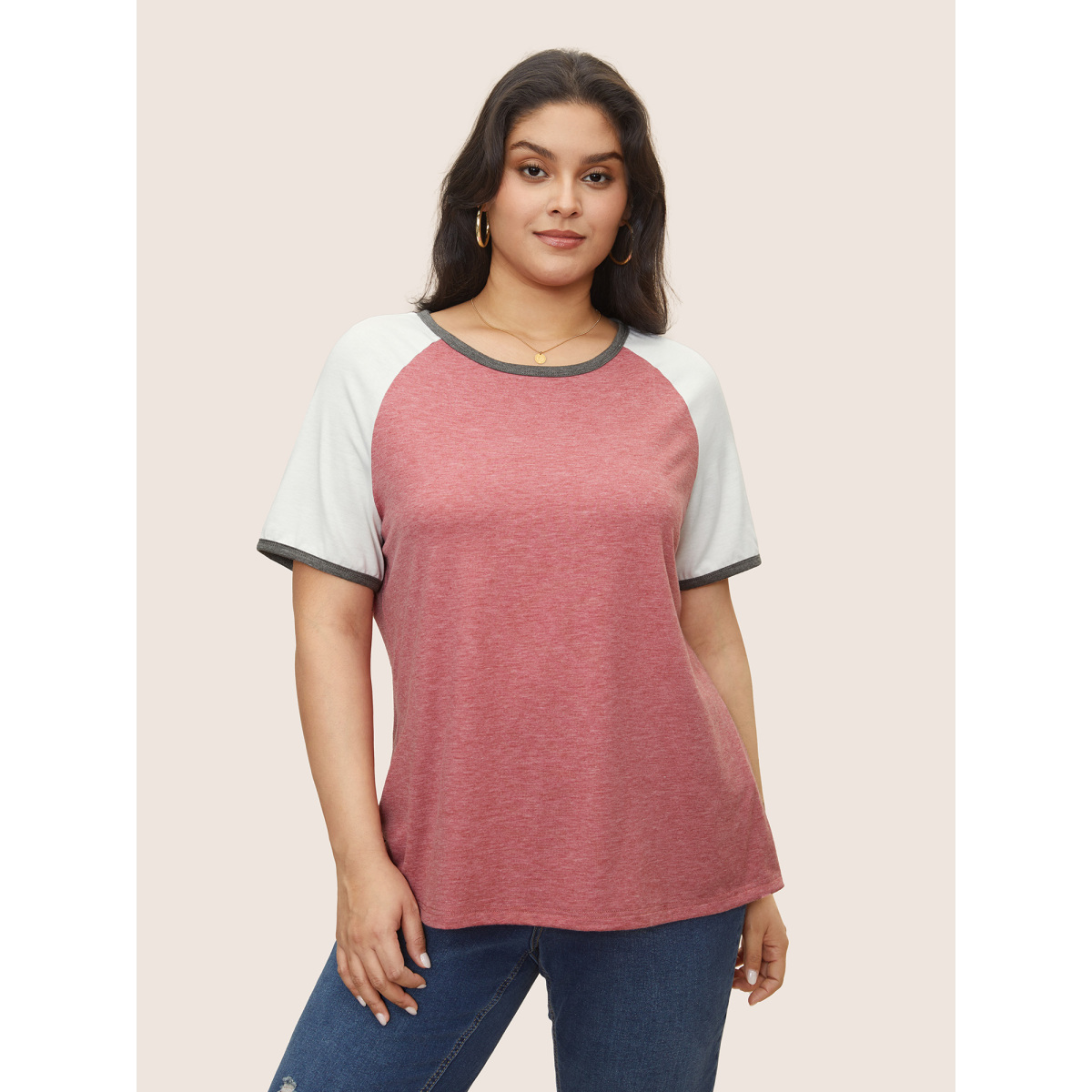 

Plus Size Supersoft Essentials Heather Raglan sleeve T-shirt Russet Women Casual Contrast Round Neck Everyday T-shirts BloomChic