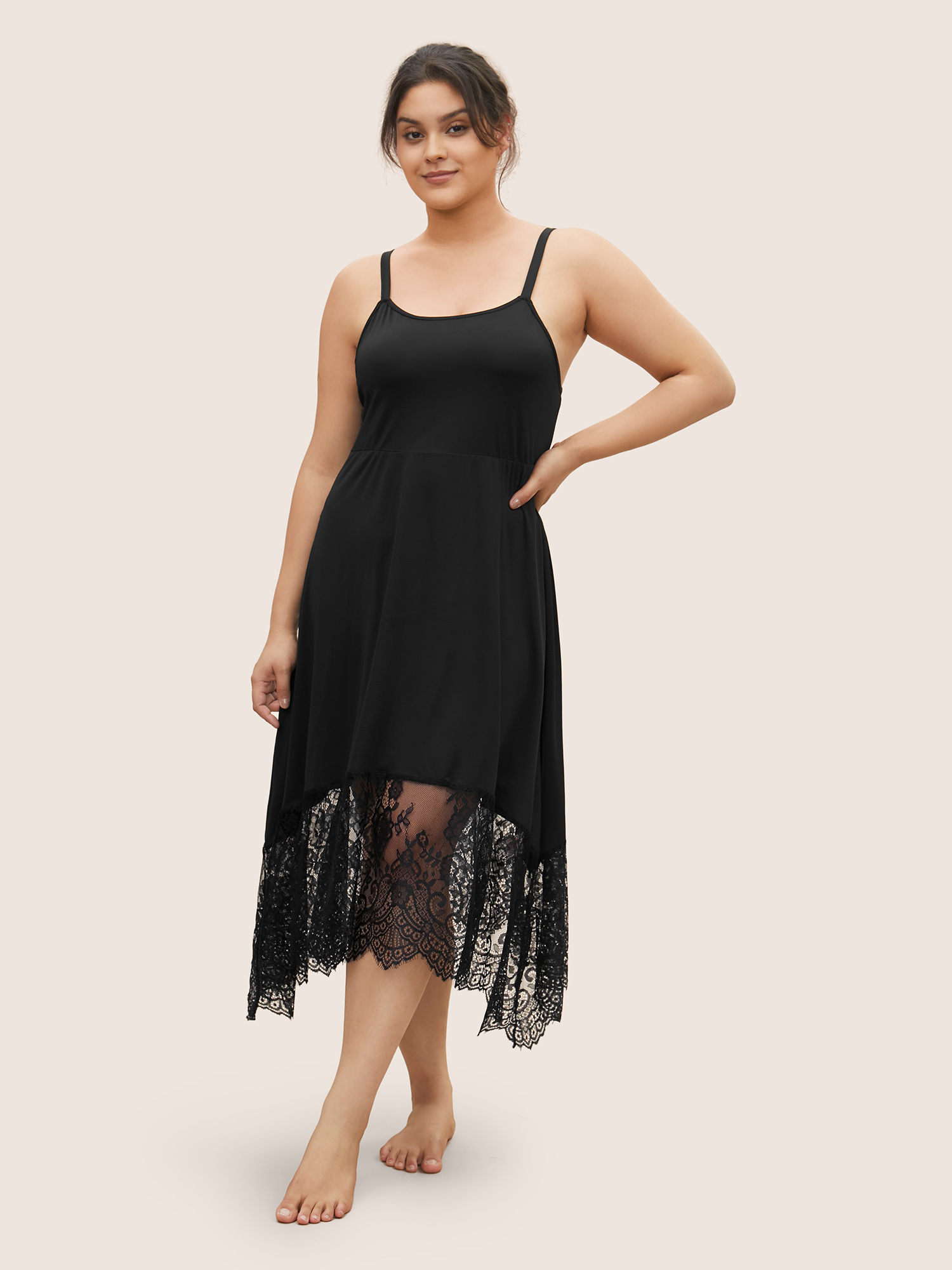 

Plus Size Crochet Lace Mesh Asymmetrical Hem Cami Sleep Dress Black Sleeveless U-neck Lounge Everyday  Bloomchic