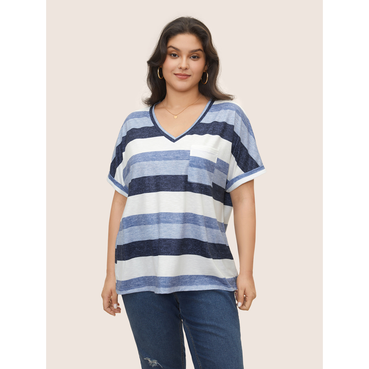 

Plus Size Stripes Dolman Sleeve Patch Pocket T-shirt Blue Women Casual V-neck Everyday T-shirts BloomChic