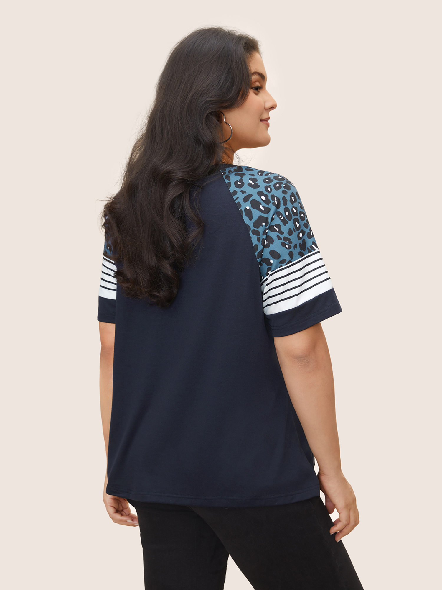 Plus Size Stripes Leopard Patchwork Raglan Sleeve T-shirt Midnight Women Casual Contrast Round Neck Everyday T-shirts BloomChic 28/5X 