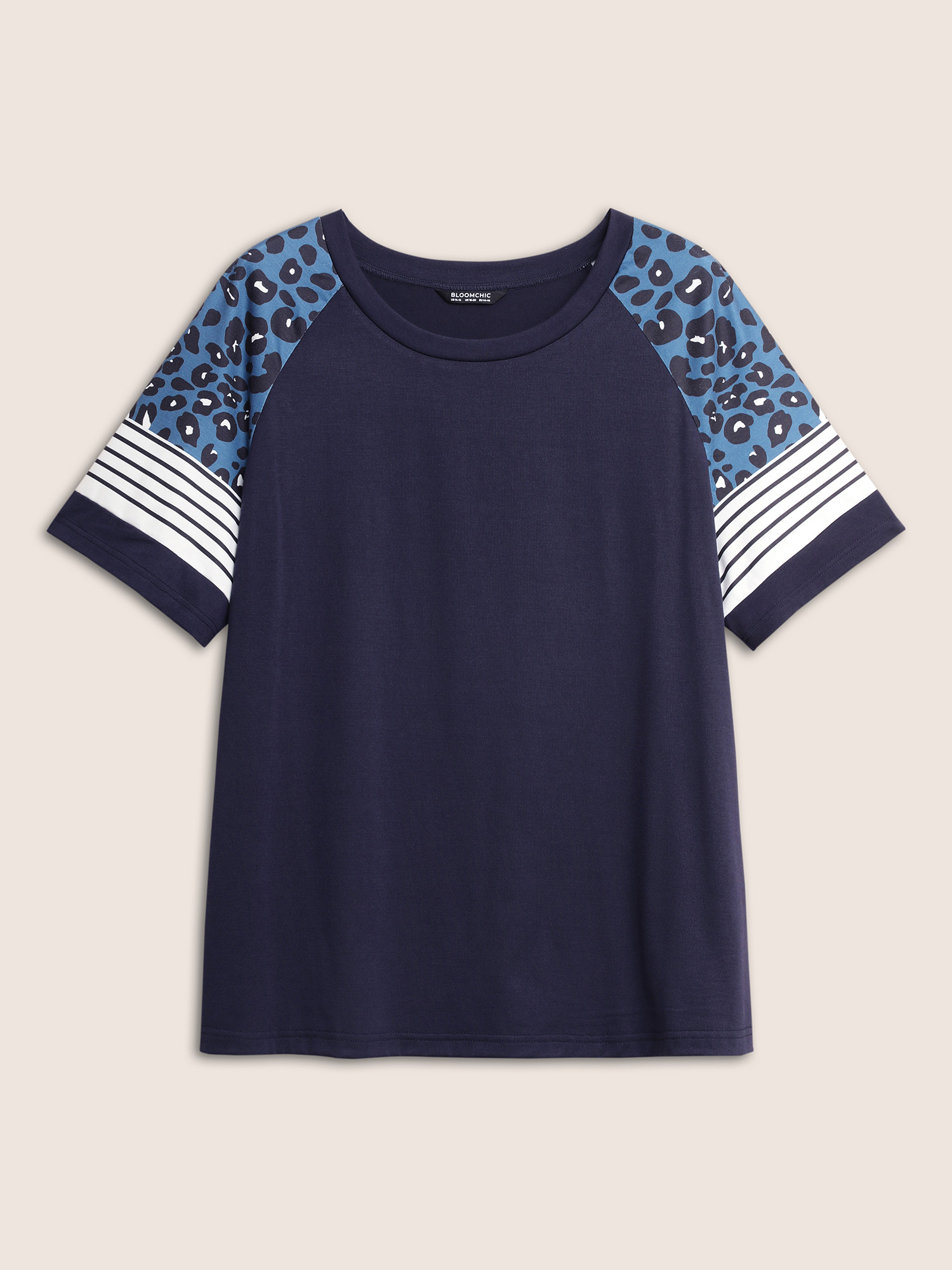 Plus Size Stripes Leopard Patchwork Raglan Sleeve T-shirt Midnight Women Casual Contrast Round Neck Everyday T-shirts BloomChic 28/5X 
