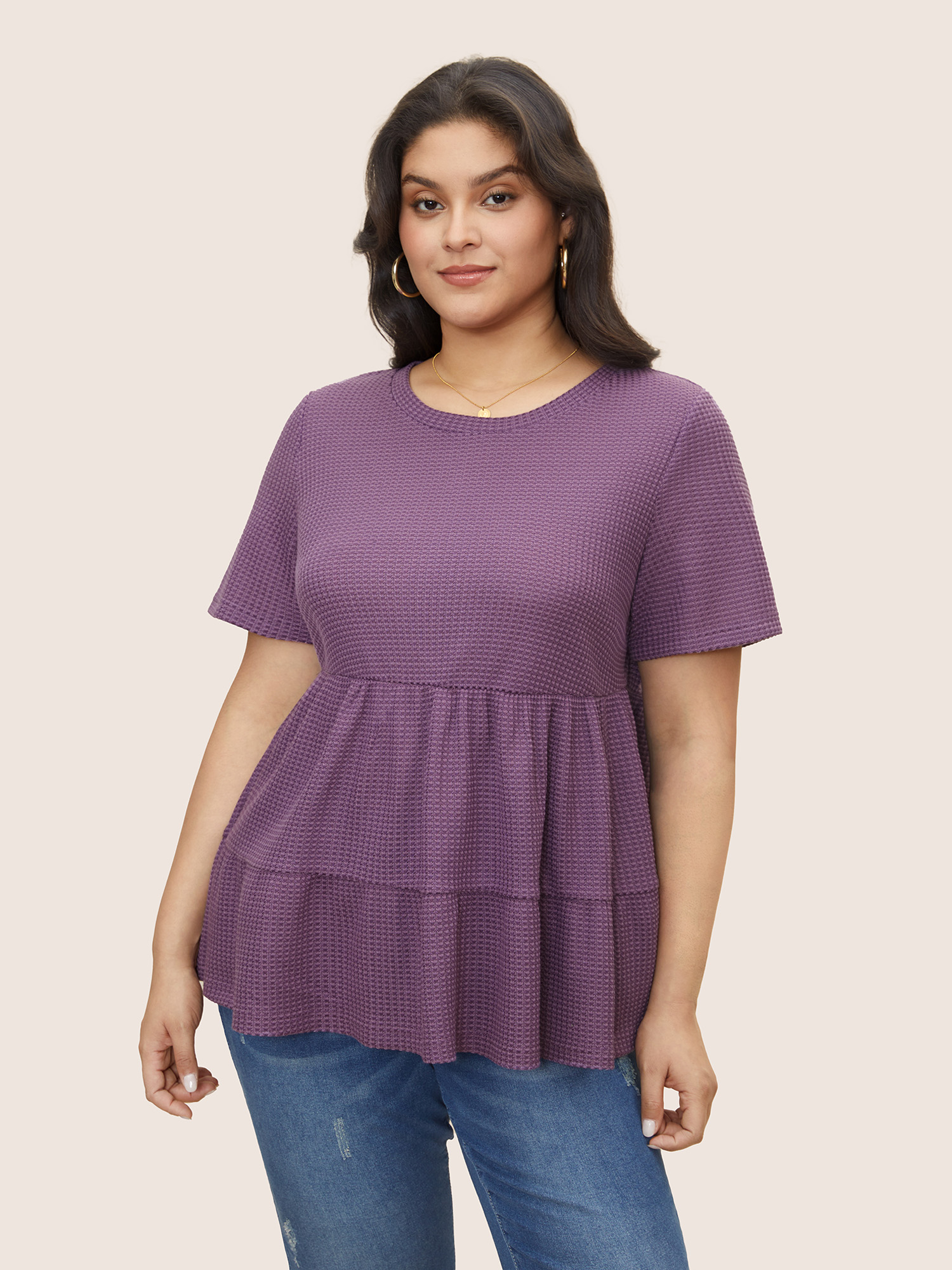 

Waffle Knit Button Detail Ruffle Layered Hem T-shirt, Mauve