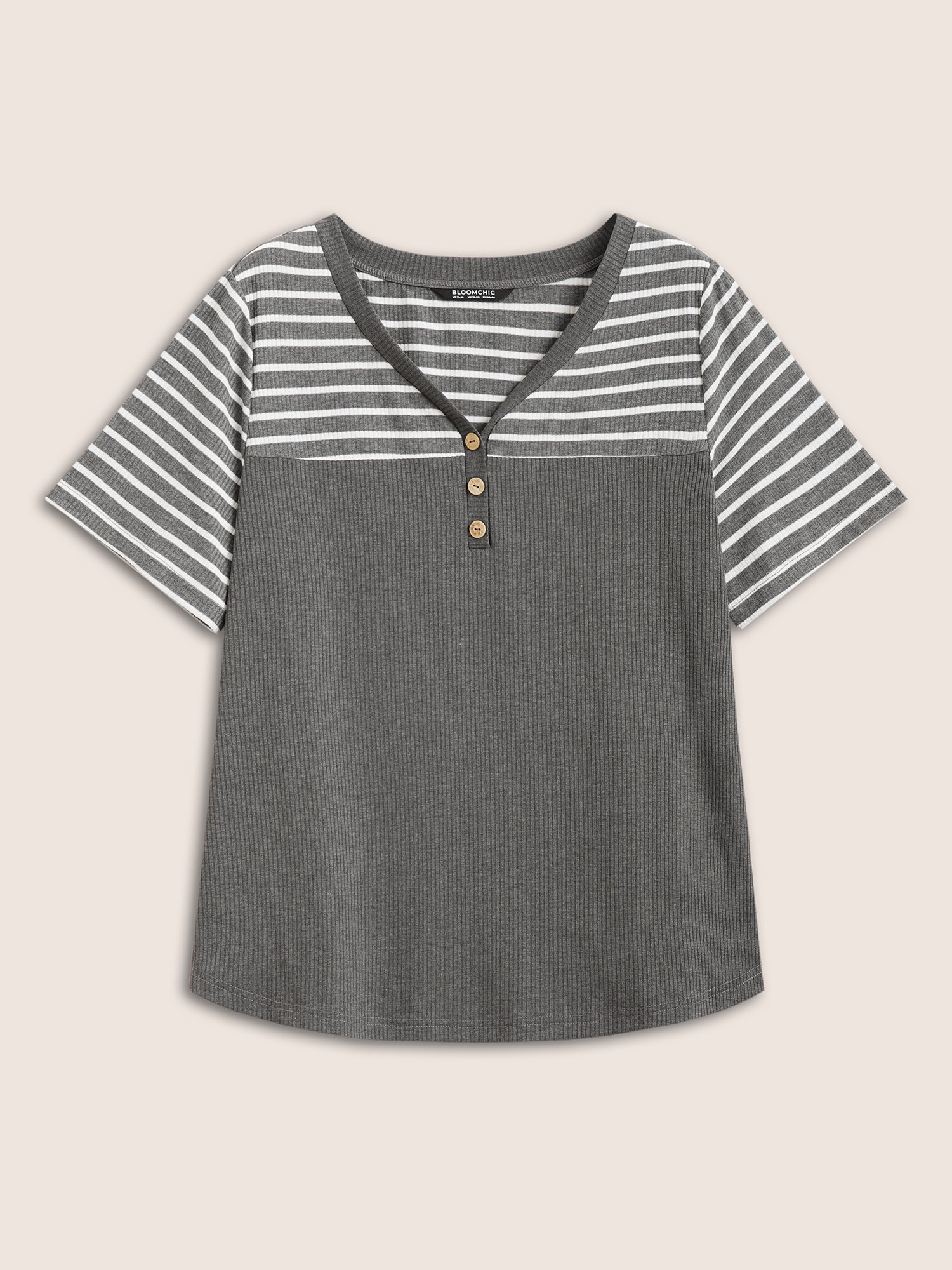 

Plus Size Striped Patchwork Button Detail Rib Knit T-shirt DimGray Women Casual Contrast V-neck Everyday T-shirts BloomChic