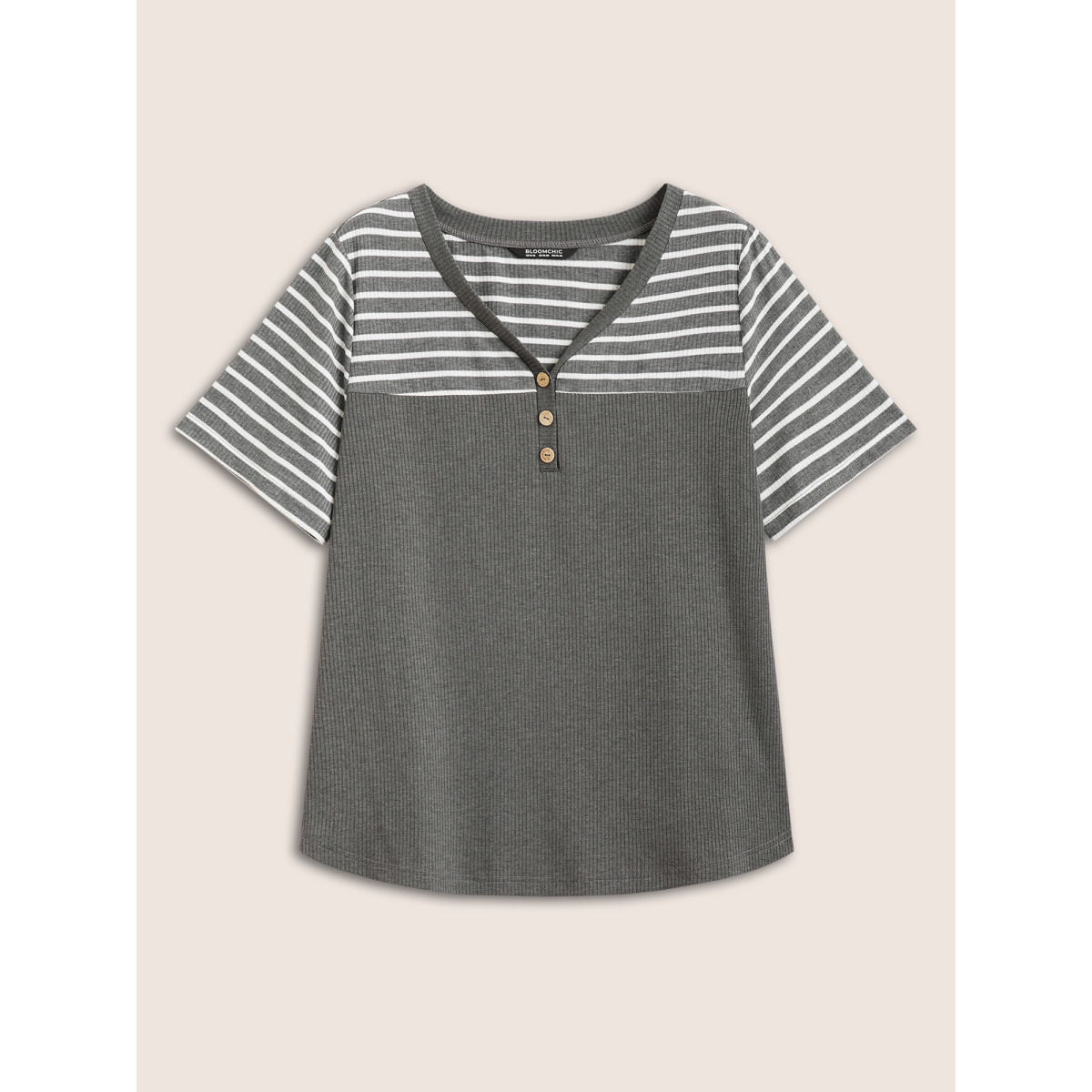 

Plus Size Striped Patchwork Button Detail Rib Knit T-shirt DimGray Women Casual Contrast V-neck Everyday T-shirts BloomChic