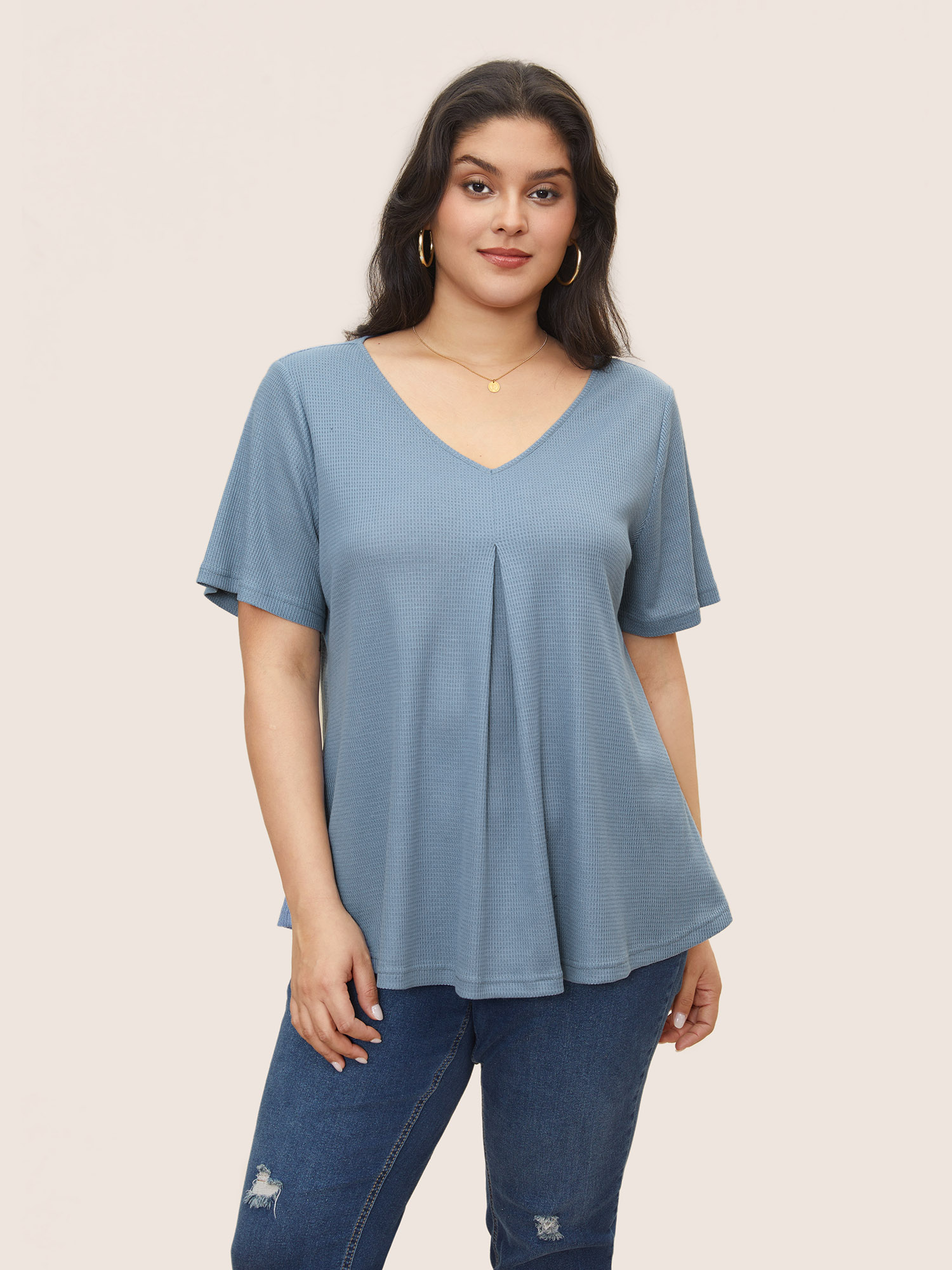 

Plus Size Solid Waffle Knit Plicated Detail T-shirt LightBlue V-neck Short sleeve Elegant Jersey Tops