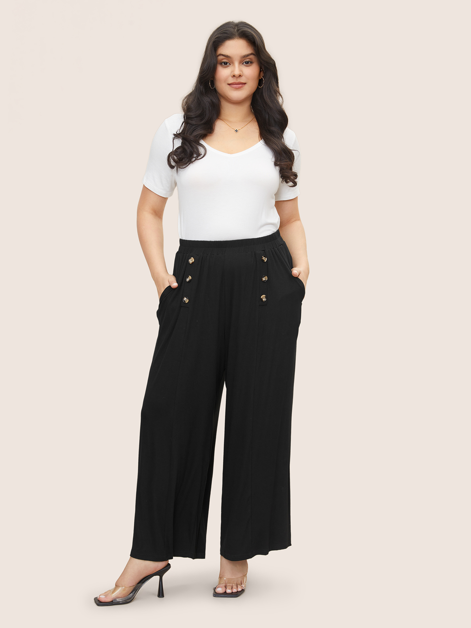 

Plus Size Supersoft Essentials Button Detail Wide Leg Pants Women Black Elegant Wide Leg High Rise Everyday Pants BloomChic