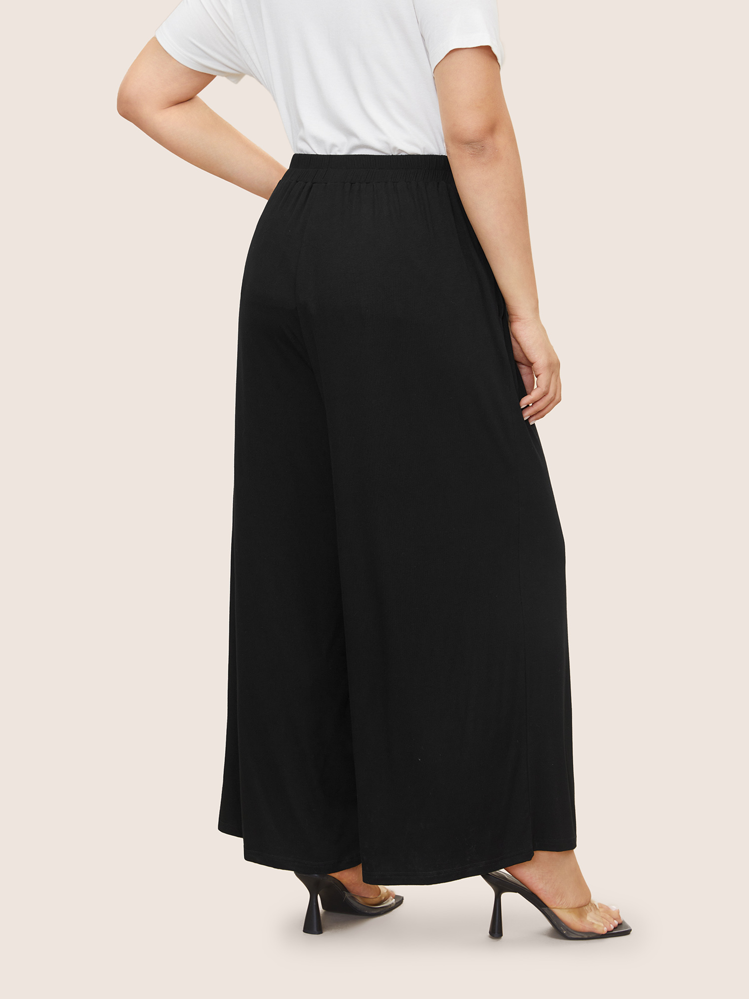 Plus Size Supersoft Essentials Button Detail Wide Leg Pants Women Black Elegant Wide Leg High Rise Everyday Pants BloomChic 28/5X 