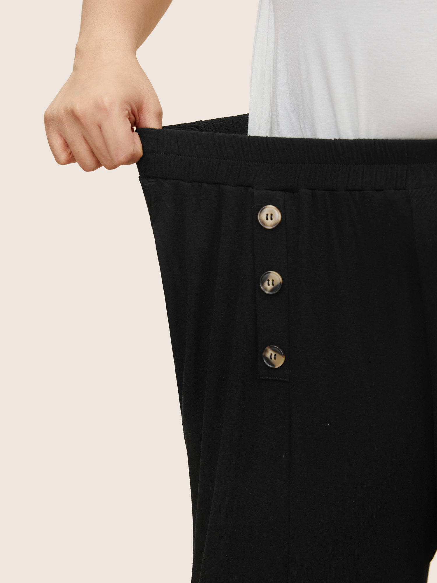 Plus Size Supersoft Essentials Button Detail Wide Leg Pants Women Black Elegant Wide Leg High Rise Everyday Pants BloomChic 28/5X 