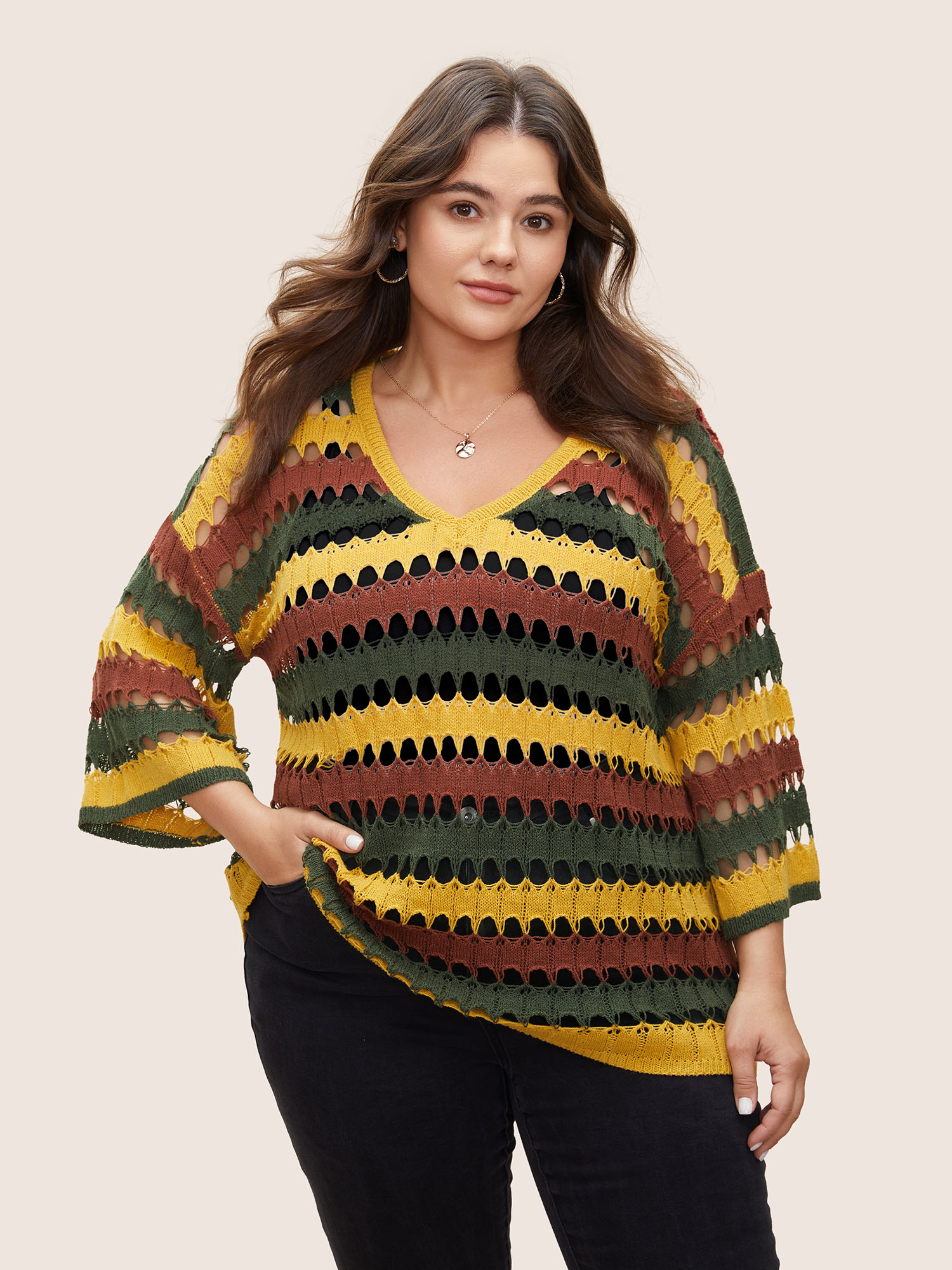 

Plus Size Deep V Neck Cut Out Stripes Contrast Pullover Gold Elbow-length sleeve Deep V-neck Resort Knit Tops  Bloomchic