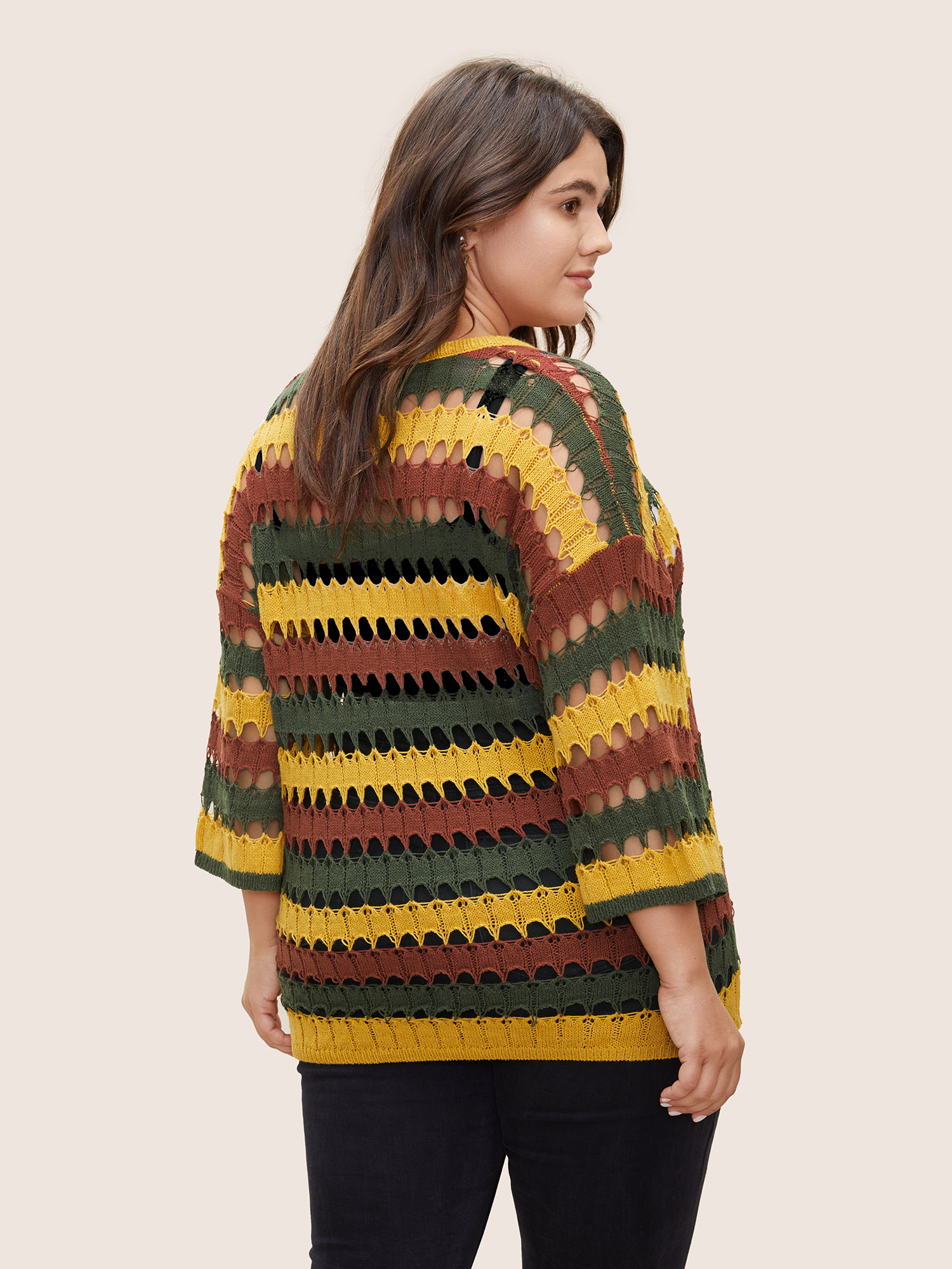 Plus Size Deep V Neck Cut Out Stripes Contrast Pullover Gold Elbow-length sleeve Deep V-neck Resort Knit Tops 12/L Bloomchic 