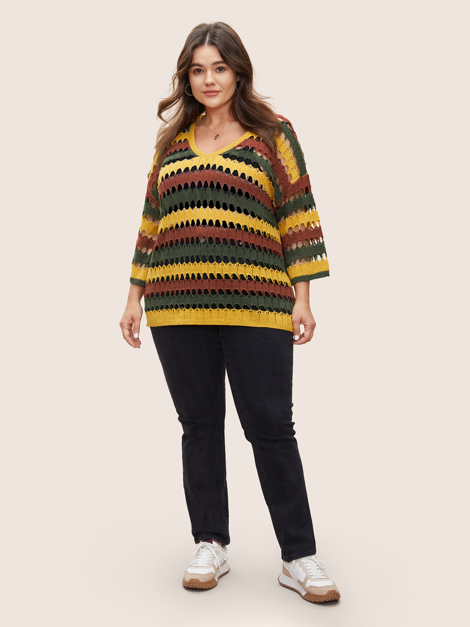 Plus Size Deep V Neck Cut Out Stripes Contrast Pullover Gold Elbow-length sleeve Deep V-neck Resort Knit Tops 12/L Bloomchic 