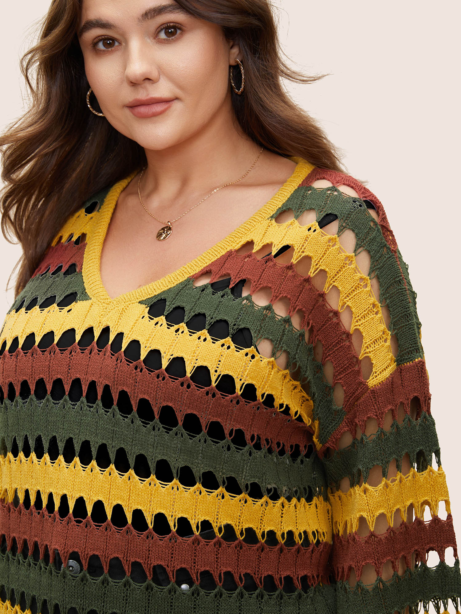 Plus Size Deep V Neck Cut Out Stripes Contrast Pullover Gold Elbow-length sleeve Deep V-neck Resort Knit Tops 12/L Bloomchic 