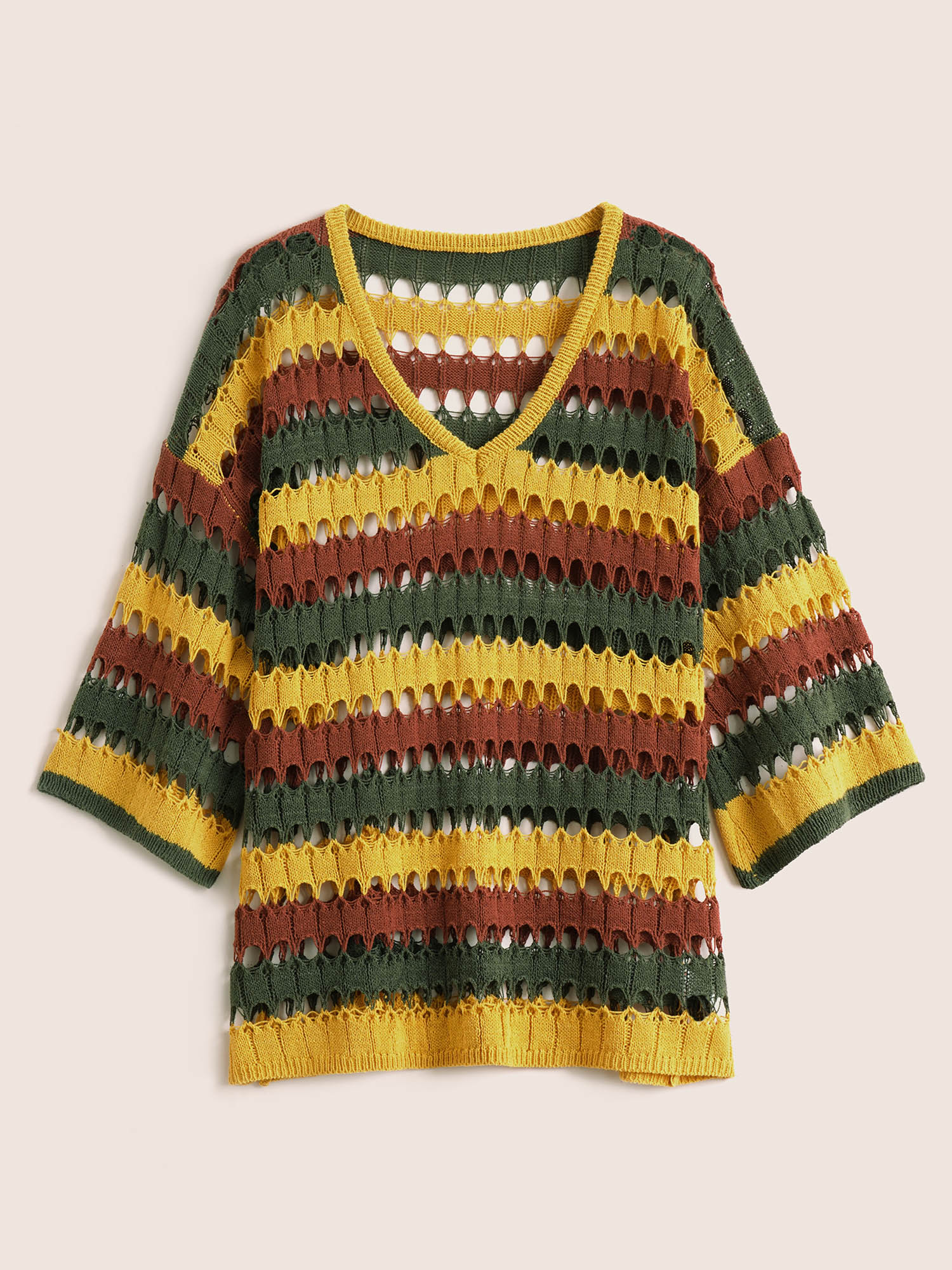 Plus Size Deep V Neck Cut Out Stripes Contrast Pullover Gold Elbow-length sleeve Deep V-neck Resort Knit Tops 12/L Bloomchic 
