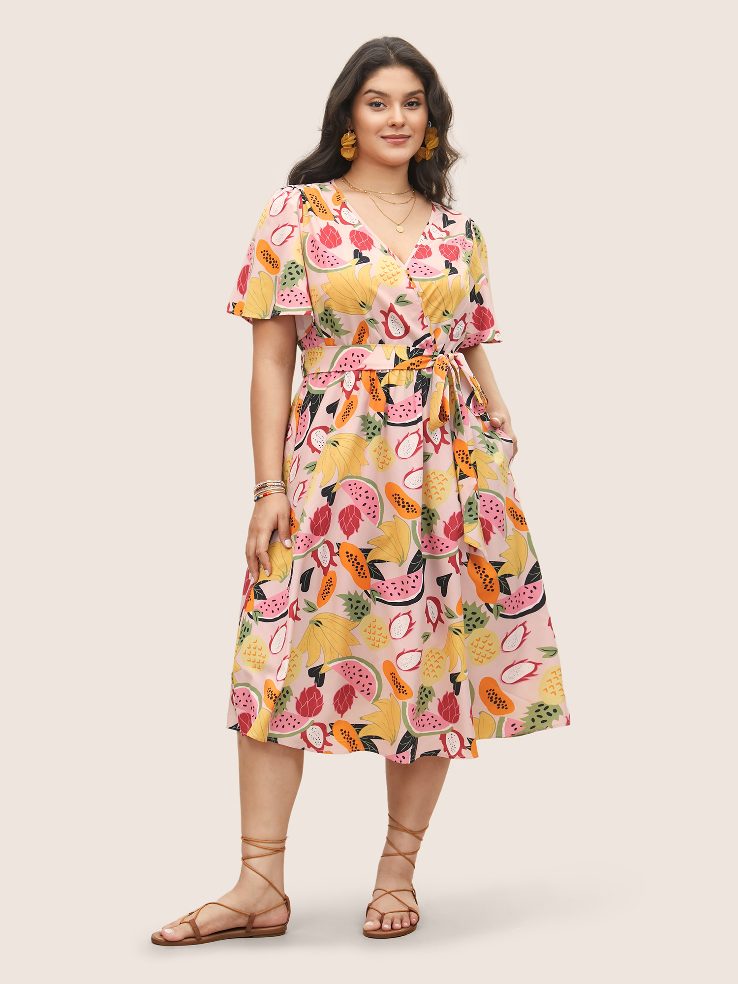 

Plus Size Fruit Print Overlap Collar Belted Pocket Dress Multicolor Women Overlapping Curvy Midi Dress BloomChic