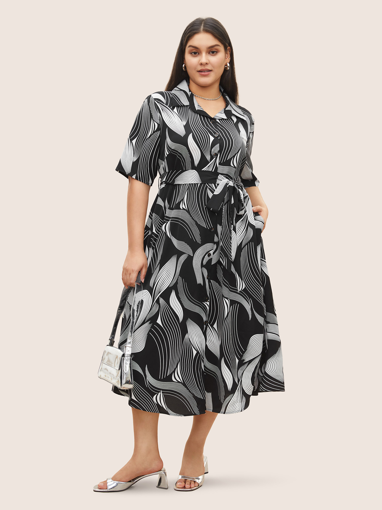 

Plus Size Shirt Collar Geometric Button Up Belted Dress Black Women At the Office Belted Shirt collar Half Sleeve Curvy Midi Dress BloomChic