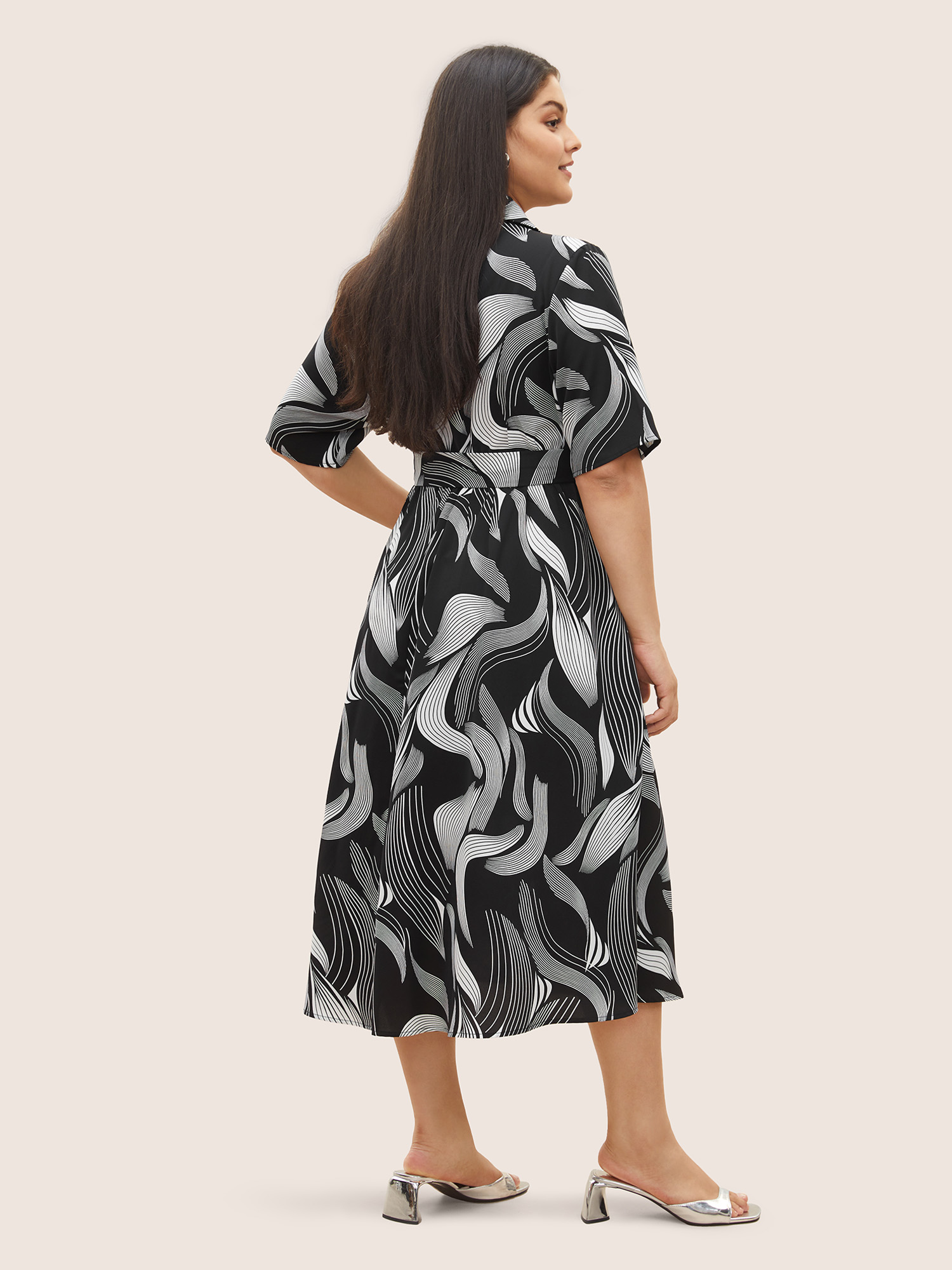 

Plus Size Shirt Collar Geometric Button Up Belted Dress Black Women At the Office Belted Shirt collar Half Sleeve Curvy Midi Dress BloomChic