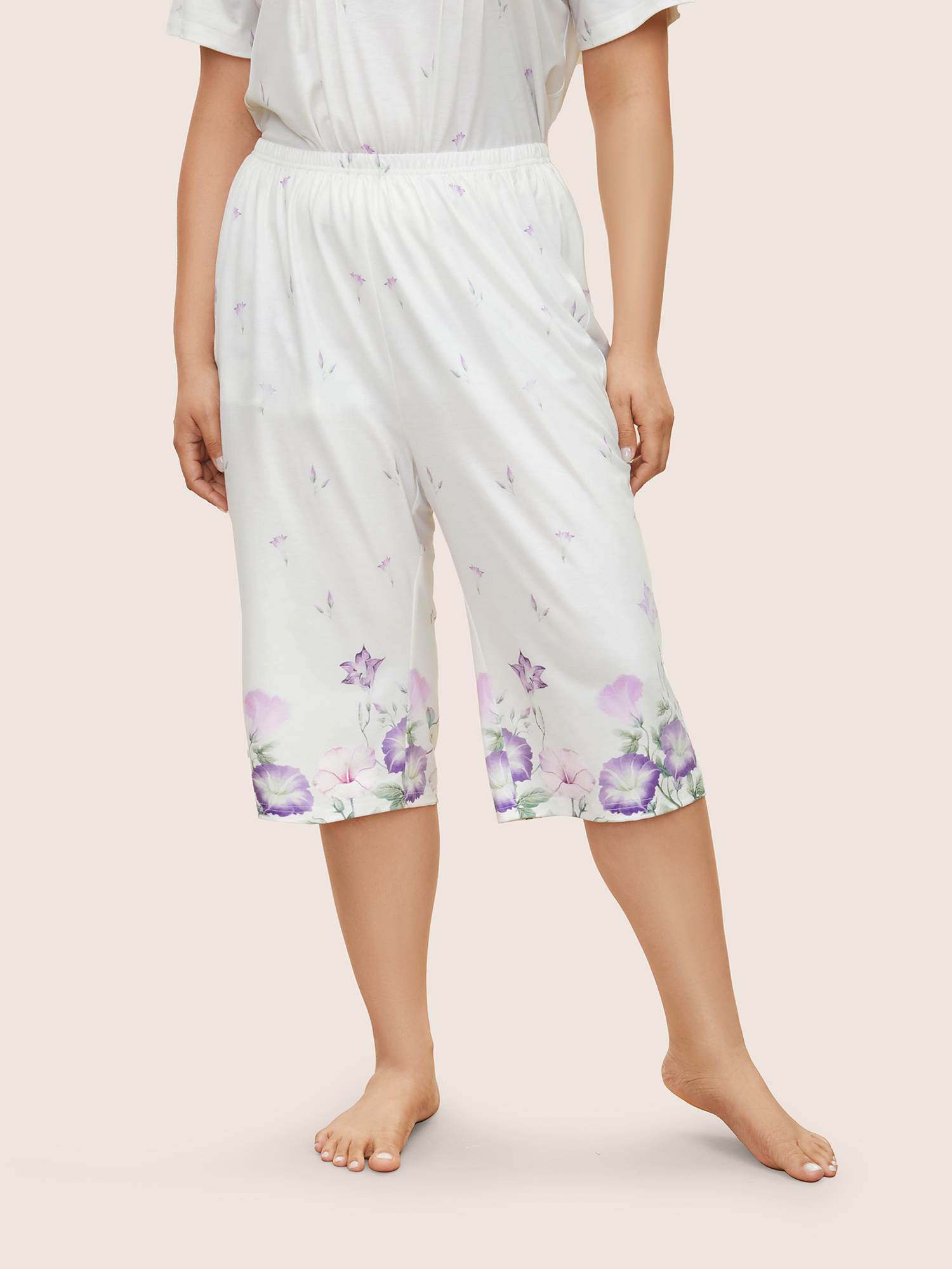 Plus Size Floral Pleated Button Detail Loungewear Set Women White Contrast Lounge Loungewear Sets BloomChic 30/6X 