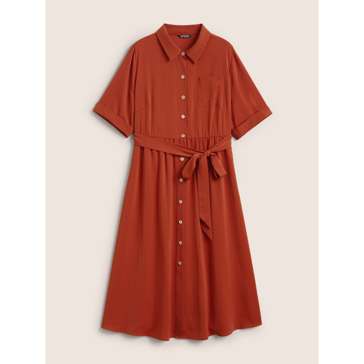 

Plus Size Anti-Wrinkle Shirt Collar Pocket Belted Dress Rust Women Belted Curvy Midi Dress BloomChic