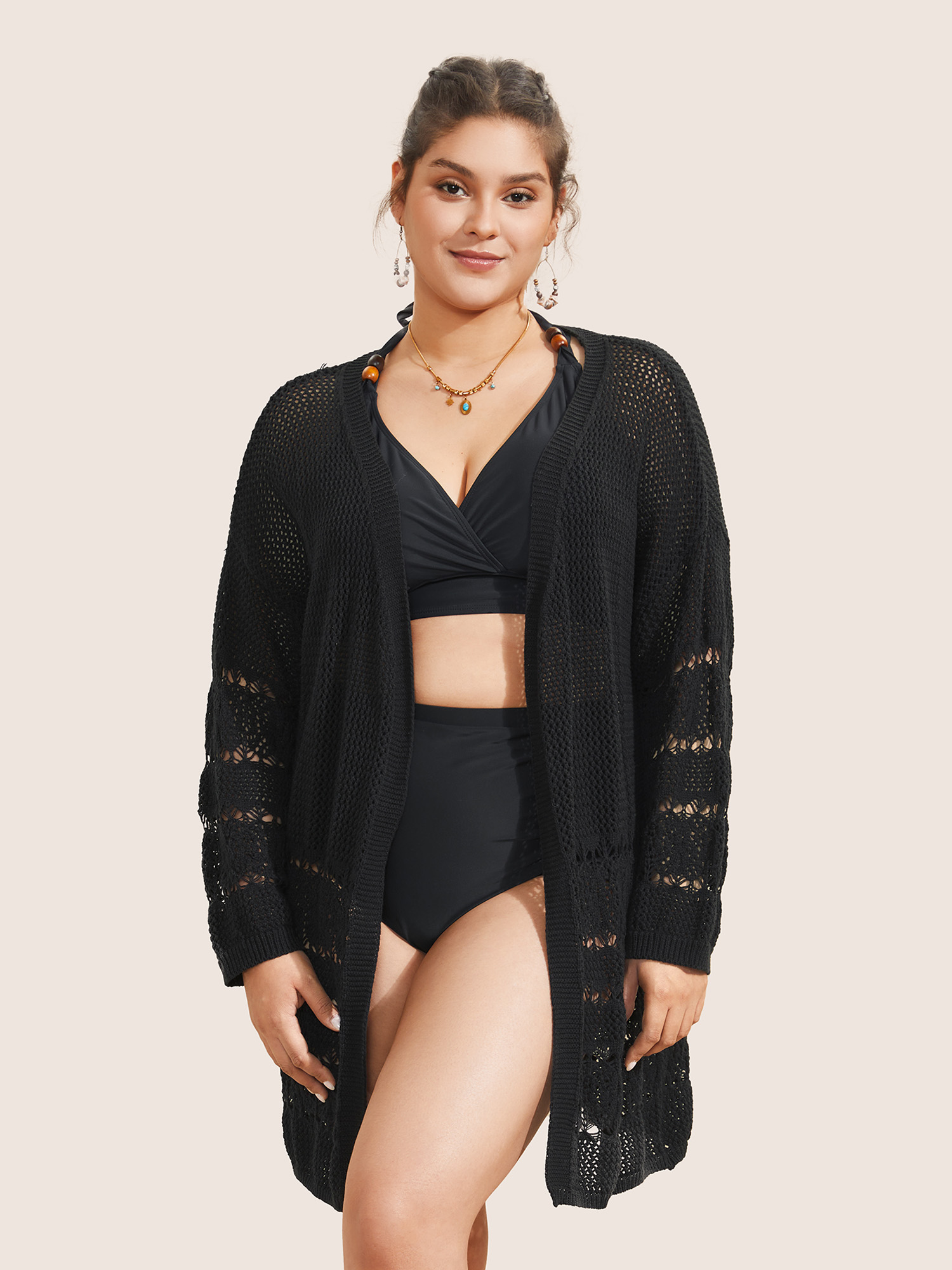 

Plus Size Cut Out See Through Batwing Sleeve Swim Cover Up Women's Swimwear Black Beach See through Curve Swim Cover Ups BloomChic