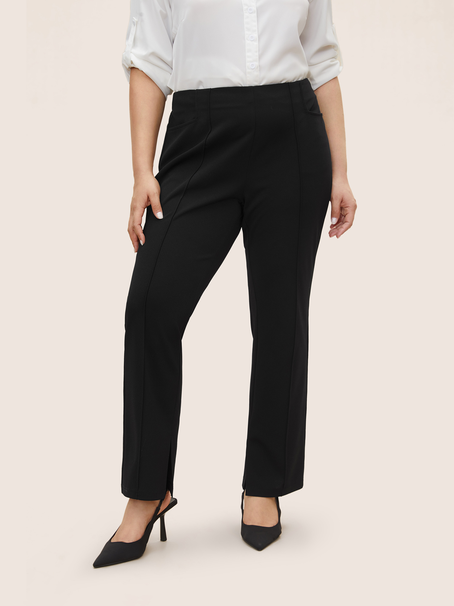 

Plus Size Plain Pleated Elastic Waist High Rise Pants Women Black At the Office High Rise Work Pants BloomChic