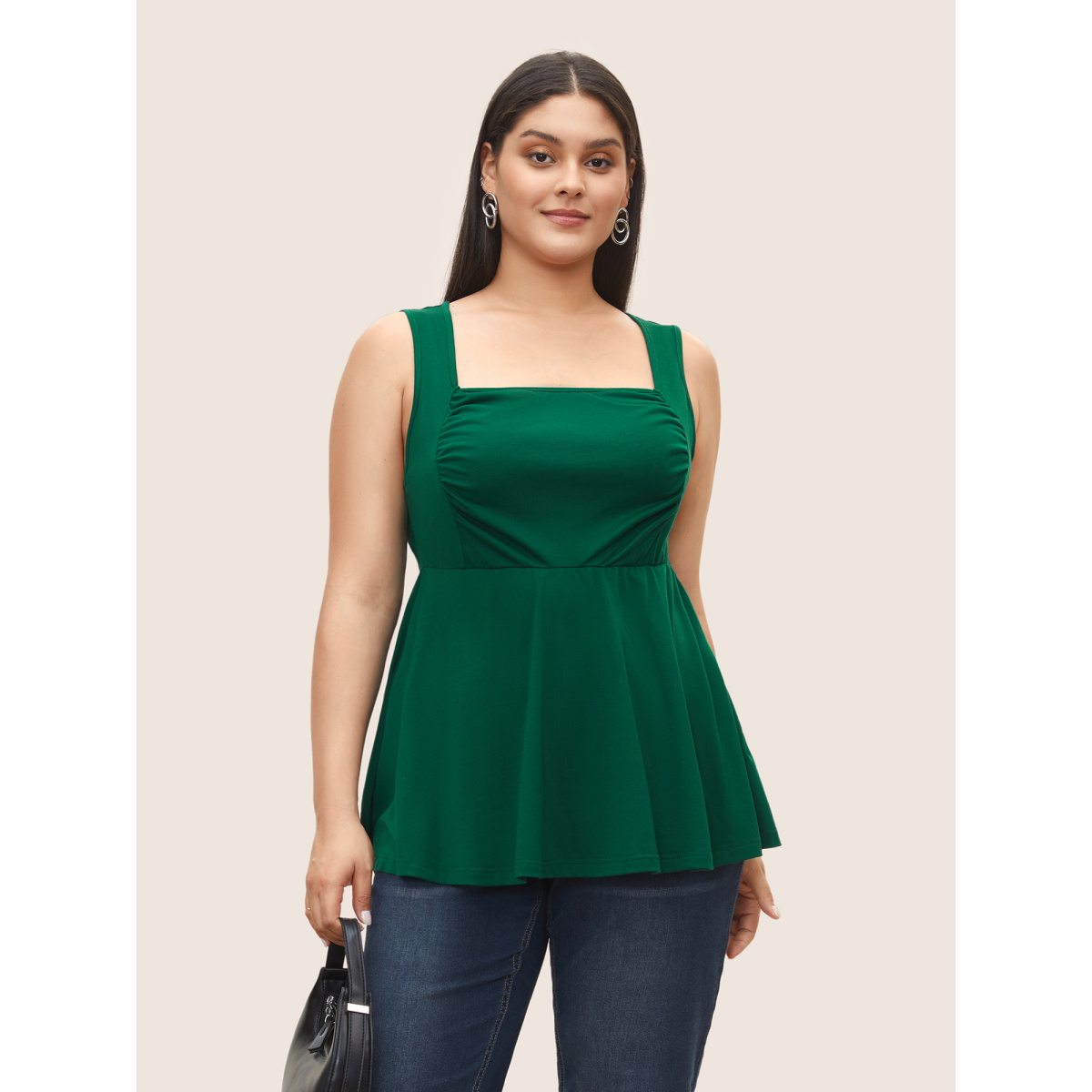 

Plus Size Solid Ruched Ruffle Hem Tank Top Women DarkGreen Casual Everyday Tank Tops Camis BloomChic