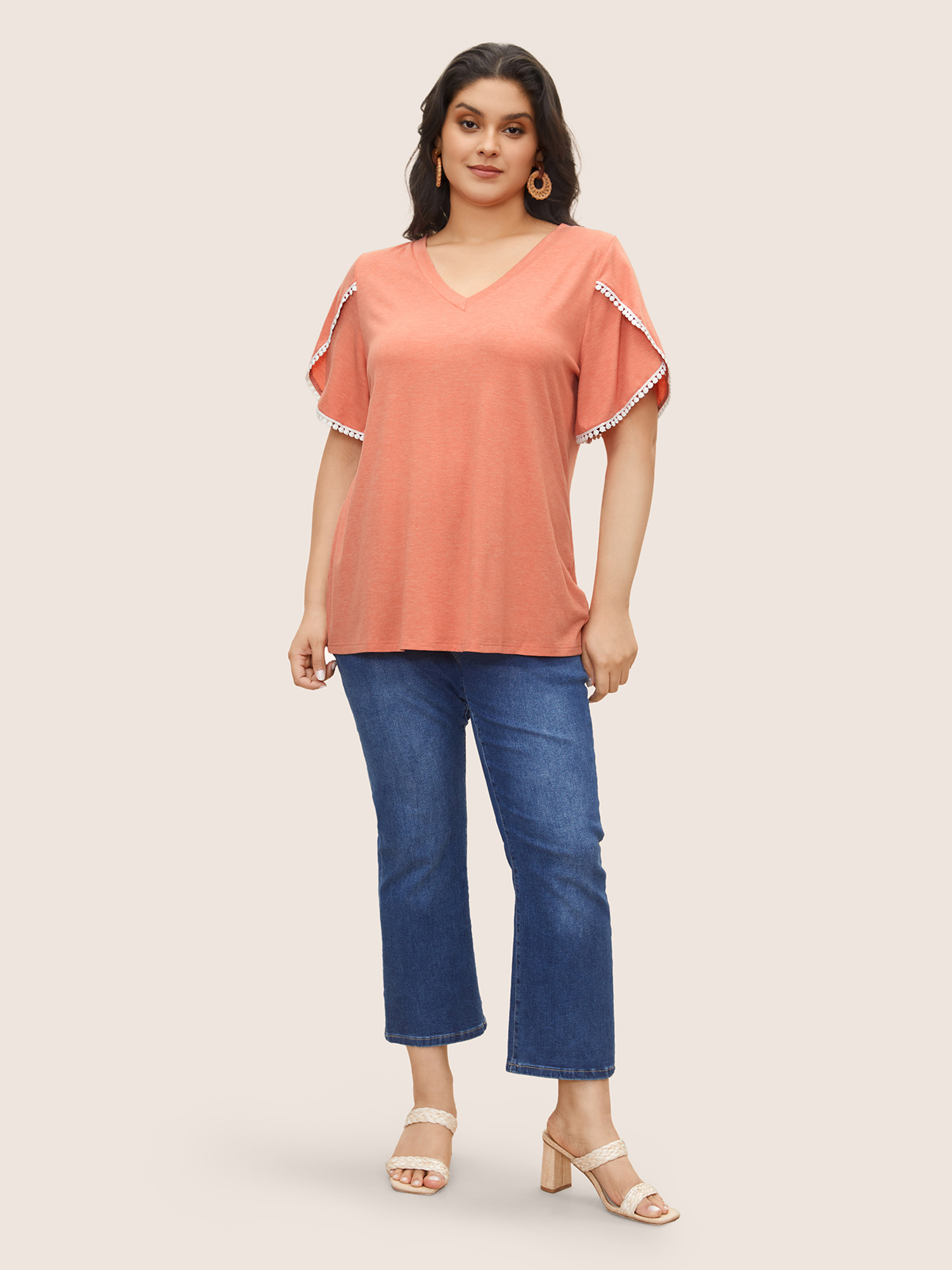 Plus Size Plain Pompom Trim Petal Sleeve T-shirt Salmon Women Elegant Woven ribbon&lace trim V-neck Everyday T-shirts BloomChic 12/L 