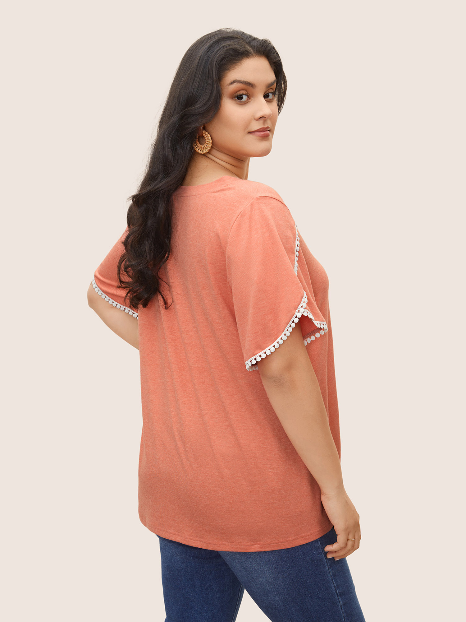 Plus Size Plain Pompom Trim Petal Sleeve T-shirt Salmon Women Elegant Woven ribbon&lace trim V-neck Everyday T-shirts BloomChic 12/L 