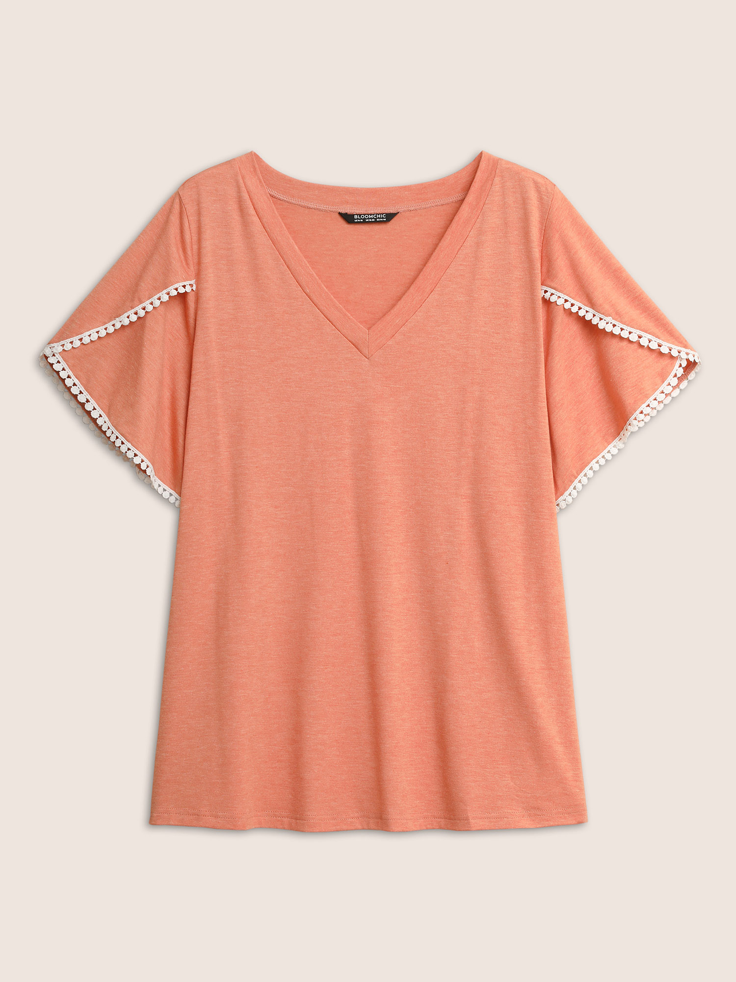 Plus Size Plain Pompom Trim Petal Sleeve T-shirt Salmon Women Elegant Woven ribbon&lace trim V-neck Everyday T-shirts BloomChic 12/L 
