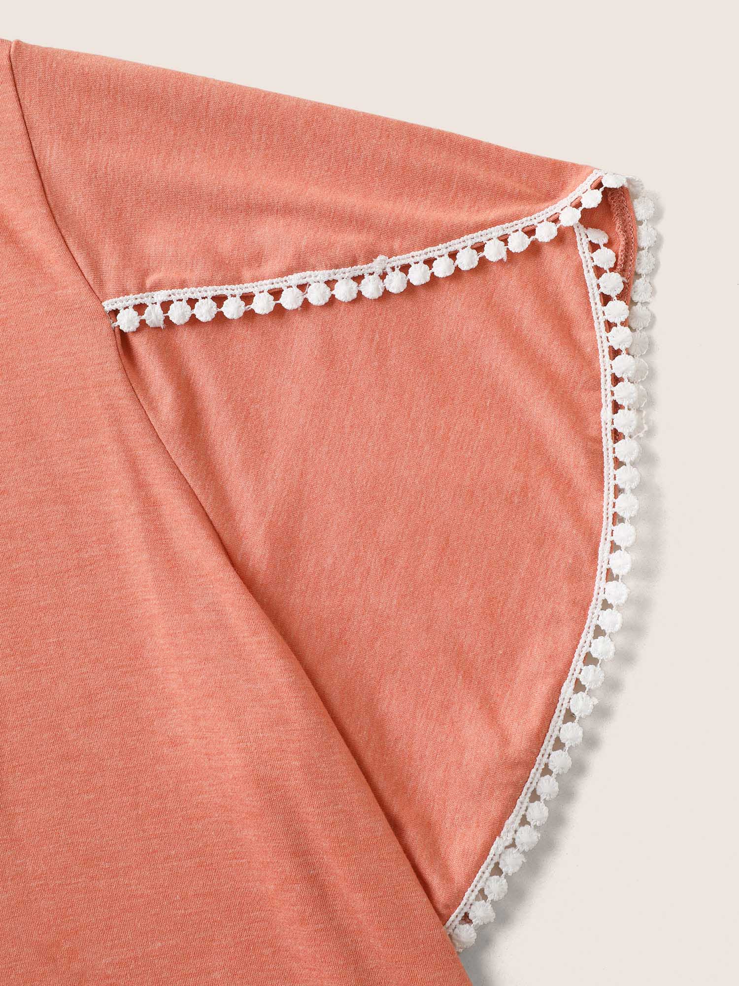 Plus Size Plain Pompom Trim Petal Sleeve T-shirt Salmon Women Elegant Woven ribbon&lace trim V-neck Everyday T-shirts BloomChic 12/L 