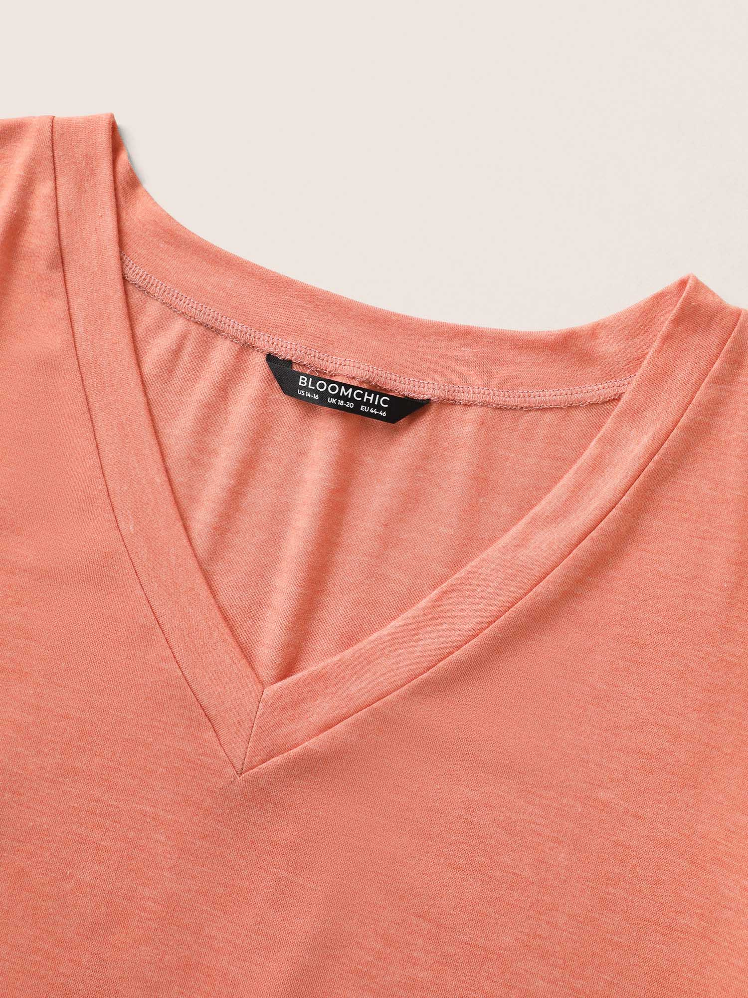 Plus Size Plain Pompom Trim Petal Sleeve T-shirt Salmon Women Elegant Woven ribbon&lace trim V-neck Everyday T-shirts BloomChic 12/L 