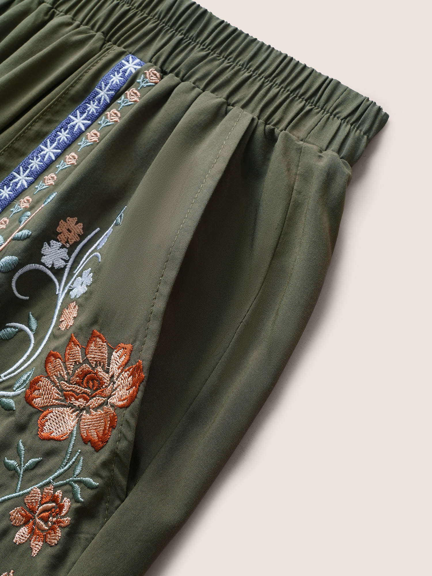 

Plus Size Floral Embroidered Elastic Waist Slanted Pocket Pants Women ArmyGreen Resort Loose High Rise Vacation Pants BloomChic