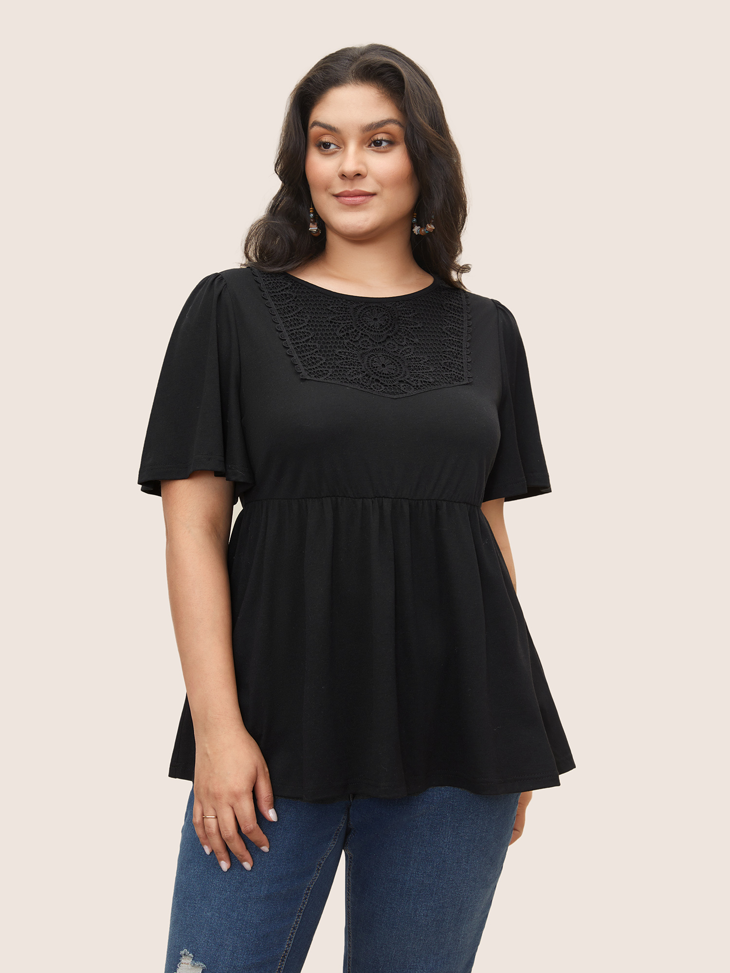 

Round Neck Solid Lace Panel Flutter Sleeve Knit Top, Black