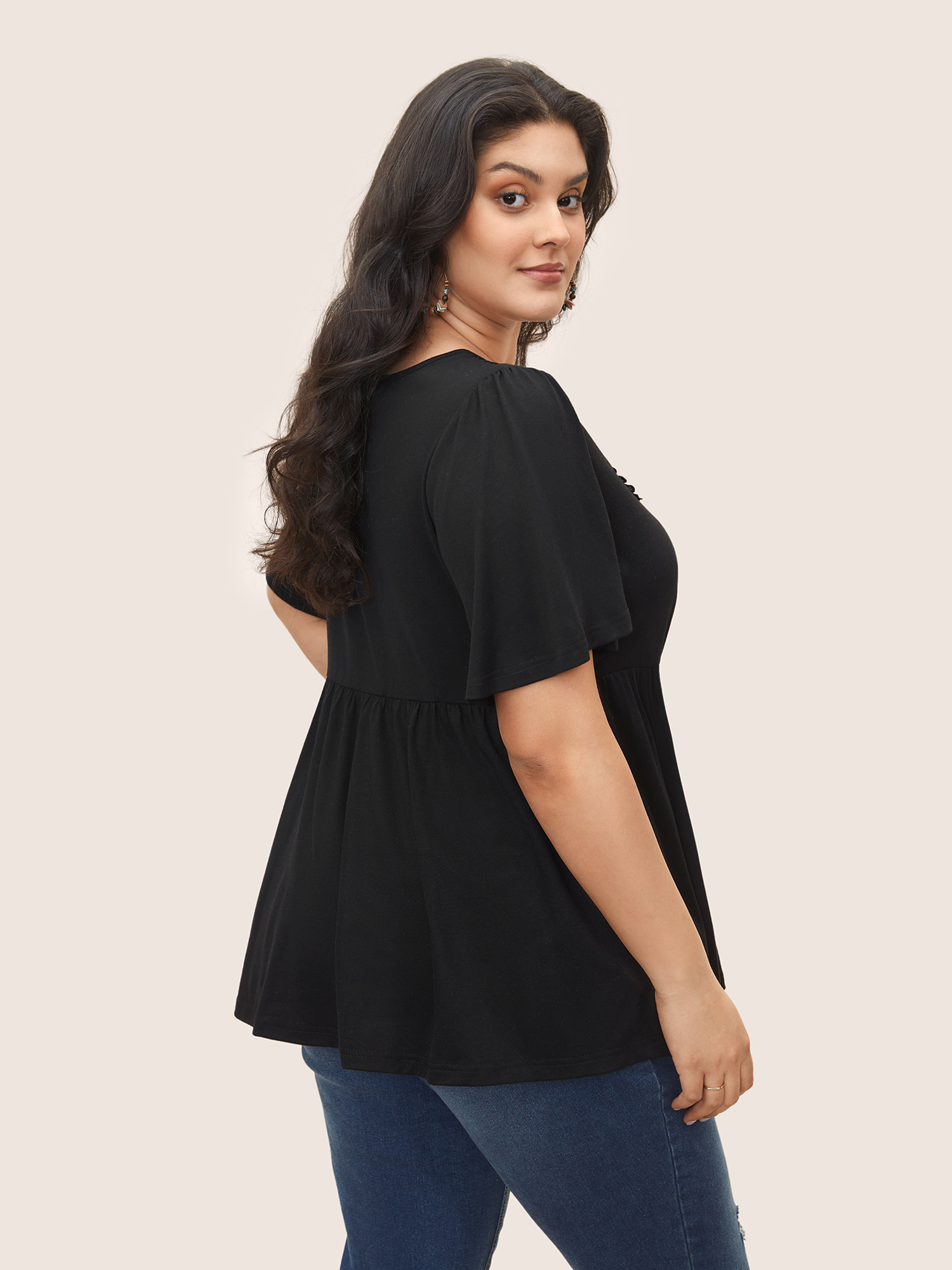 

Plus Size Round Neck Solid Lace Panel Flutter Sleeve Knit Top Black Round Neck Half Sleeve Casual Jersey Tops