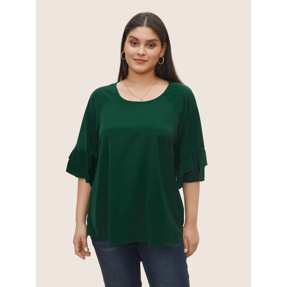 

Plus Size DarkGreen Plain Ruffle Tiered Round Neck Blouse Women Work From Home Elbow-length sleeve Round Neck Work Blouses BloomChic