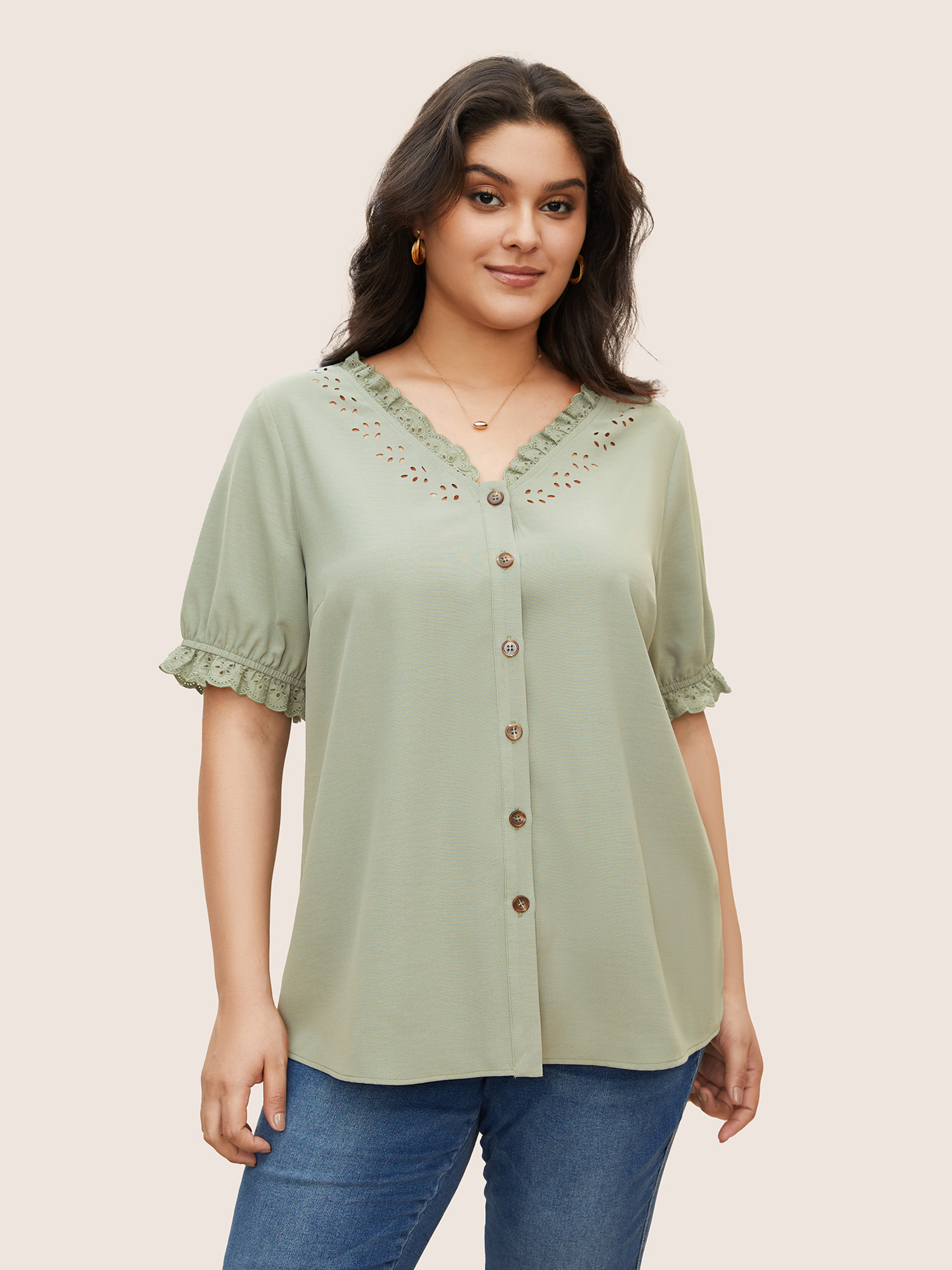 

Plus Size Mint Solid Lace Trim Button Up Laser Cut Puff Sleeve Blouse Women Elegant Short sleeve V-neck Everyday Blouses BloomChic