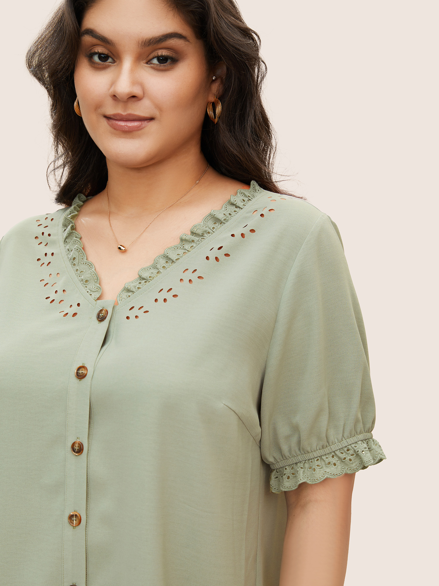Plus Size Mint Solid Lace Trim Button Up Laser Cut Puff Sleeve Blouse Women Elegant Short sleeve V-neck Everyday Blouses BloomChic 18-20/2X 