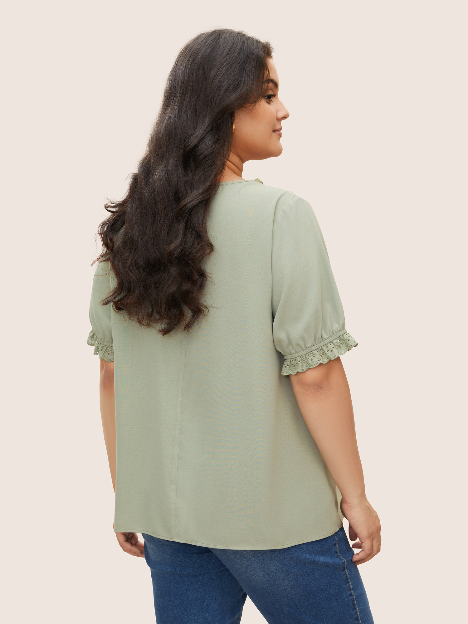 Plus Size Mint Solid Lace Trim Button Up Laser Cut Puff Sleeve Blouse Women Elegant Short sleeve V-neck Everyday Blouses BloomChic 18-20/2X 