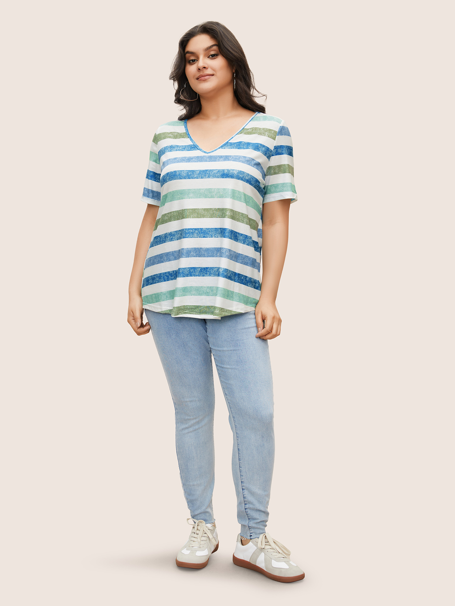 Plus Size Striped Contrast V Neck T-shirt Cerulean Women Casual Striped V-neck Everyday T-shirts BloomChic 22-24/3X 