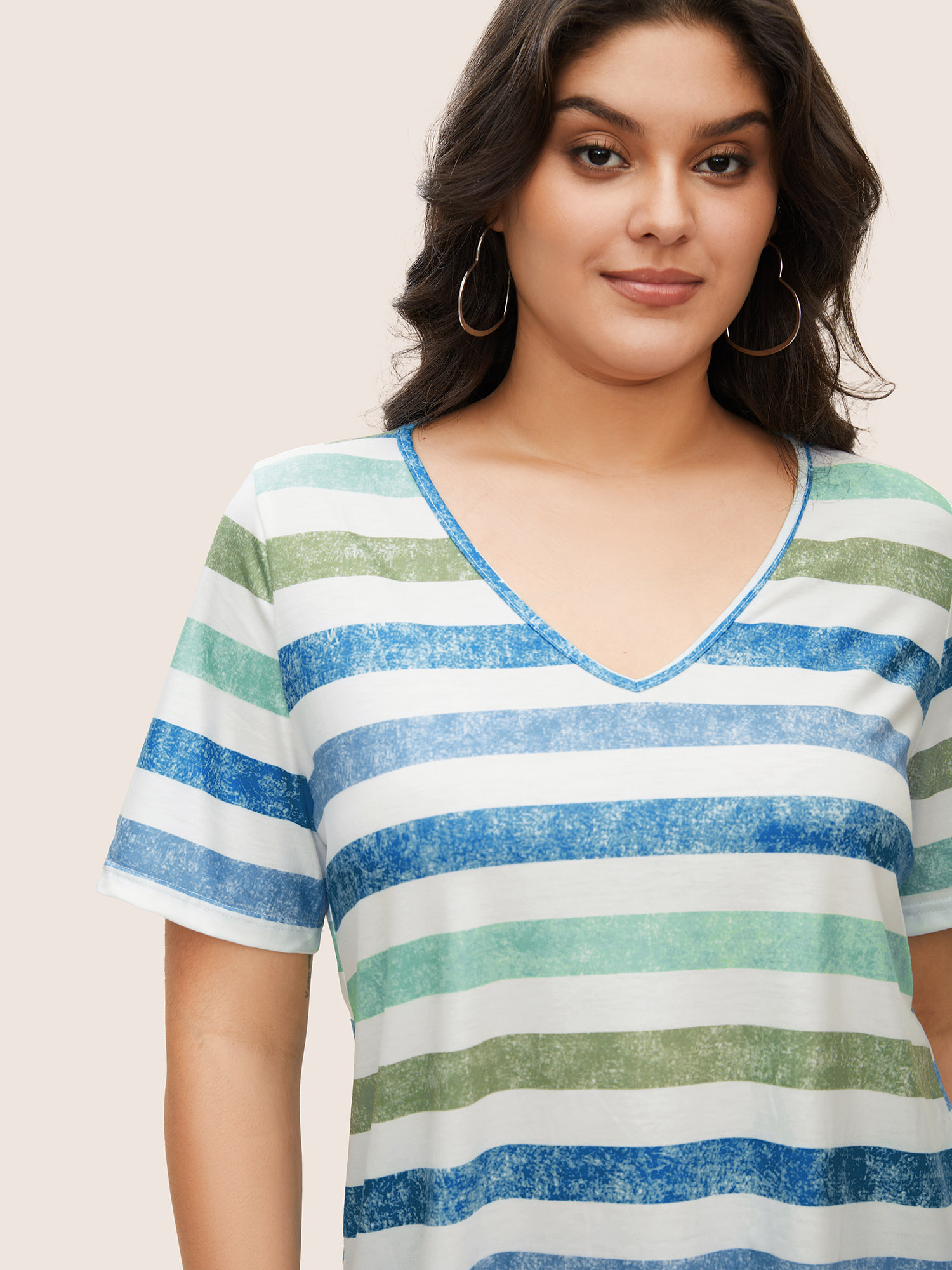 Plus Size Striped Contrast V Neck T-shirt Cerulean Women Casual Striped V-neck Everyday T-shirts BloomChic 22-24/3X 