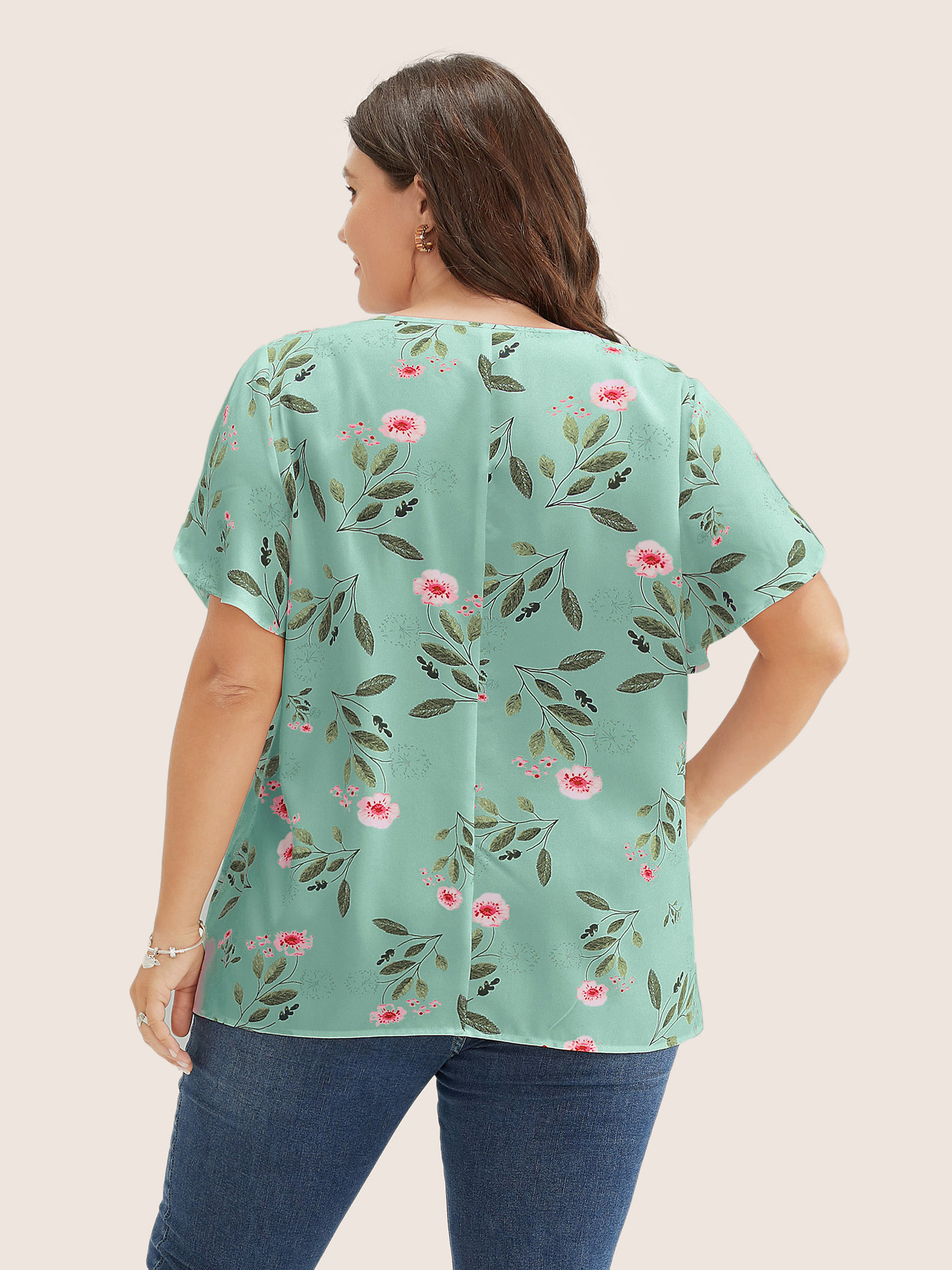 

Plus Size Mint Floral O Ring Zipper Split Petal Sleeve Blouse Women Elegant Short sleeve V-neck Everyday Blouses BloomChic