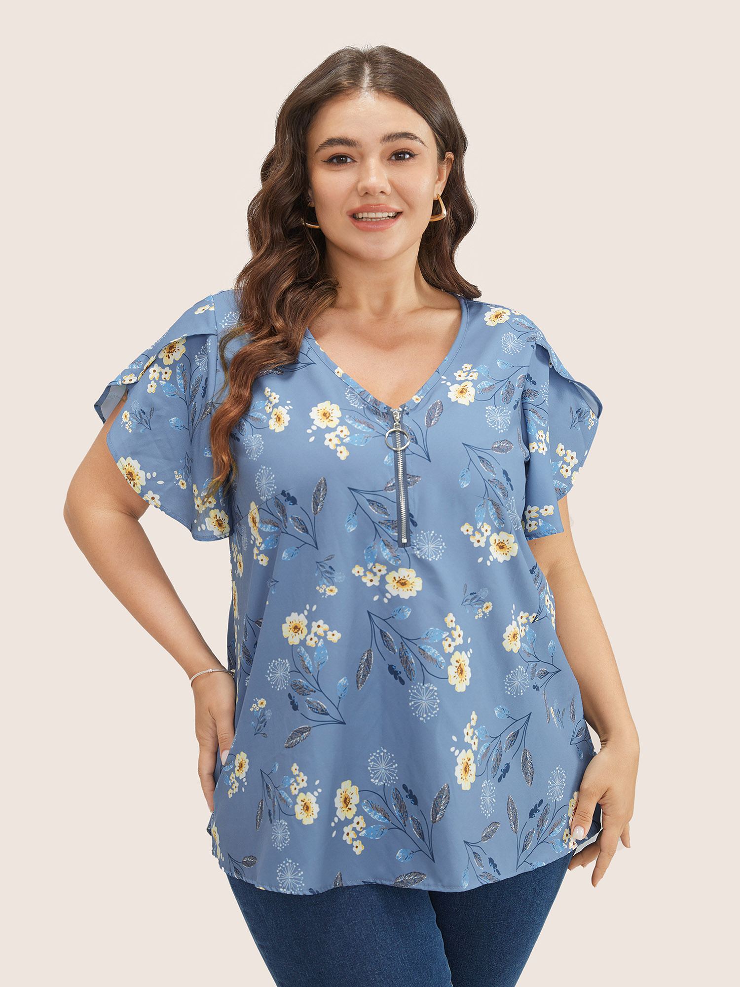 

Plus Size Stone Floral O Ring Zipper Split Petal Sleeve Blouse Women Elegant Short sleeve V-neck Everyday Blouses BloomChic