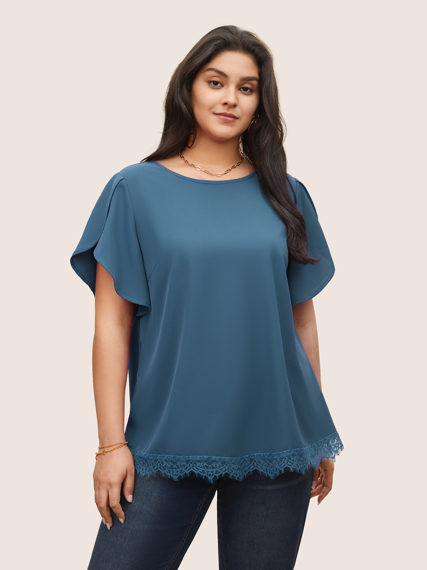 

Plus Size Cerulean Plain Lace Insert Petal Sleeve Blouse Women Elegant Short sleeve Round Neck Everyday Blouses BloomChic