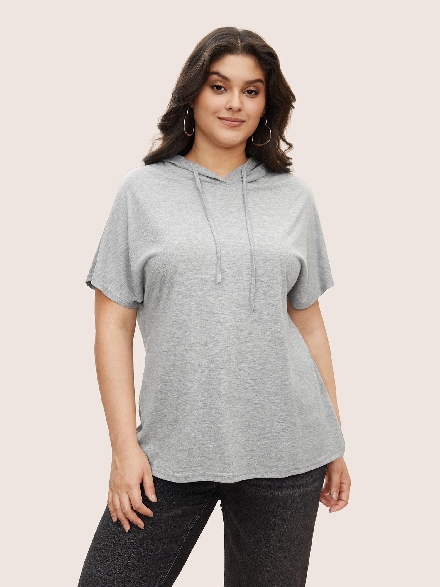 

Plus Size Solid Batwing Sleeve Drawstring Hooded T-shirt Gray Women Casual Drawstring Plain Hooded Everyday T-shirts BloomChic