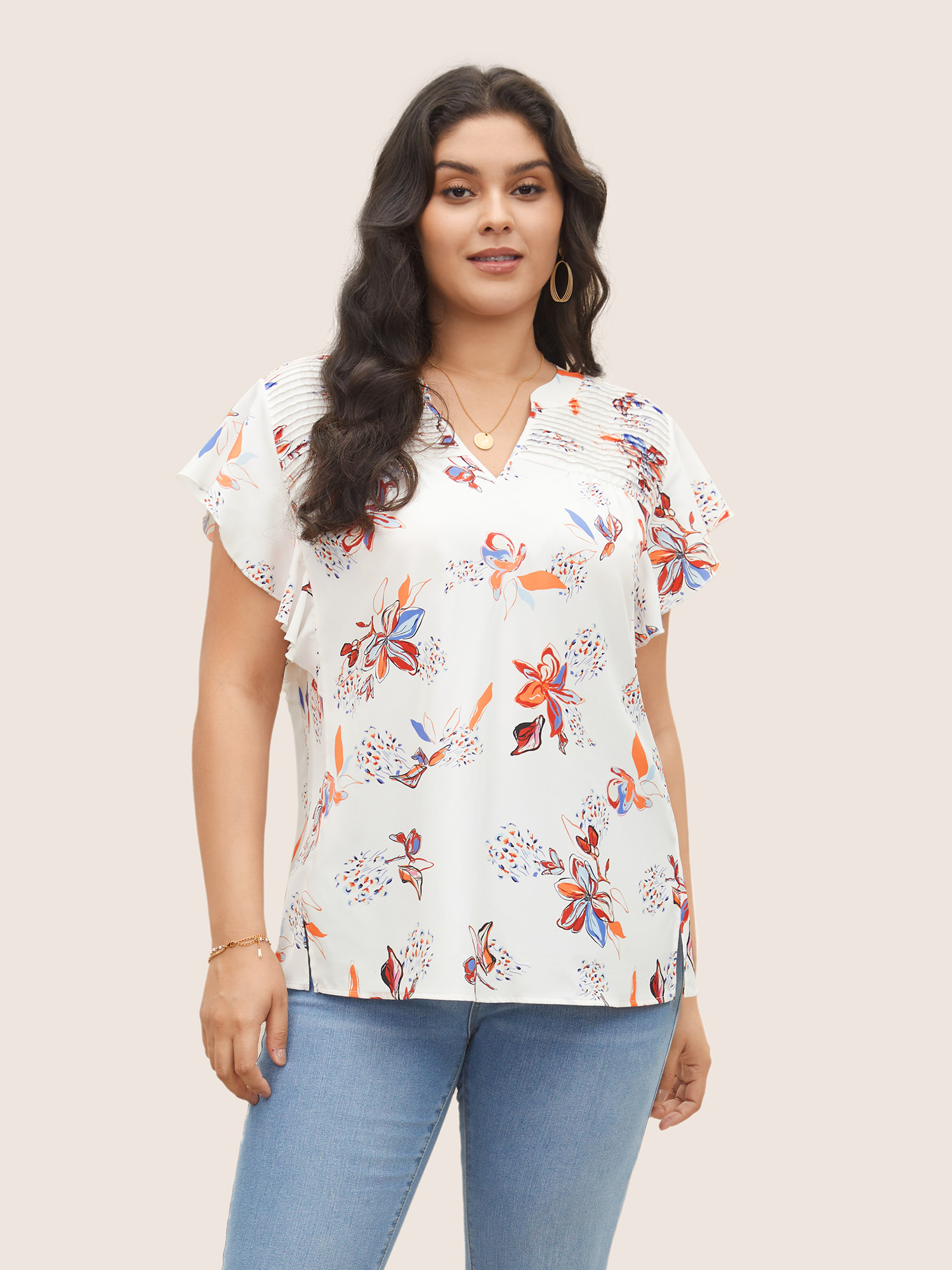 Plus Size Multicolor Floral Pleated Ruffle Cap Sleeve Blouse Women Elegant Cap Sleeve V-neck Everyday Blouses BloomChic 18-20/2X 